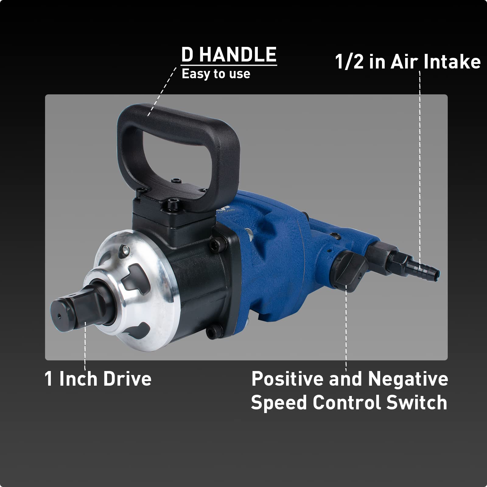 1 Inch High Torque Pneumatic Impact Wrench - 2100 ft lb Power with D-Handle | Heavy Duty Automotive, Construction & Industrial Use for Tire Changes, Machinery Repair