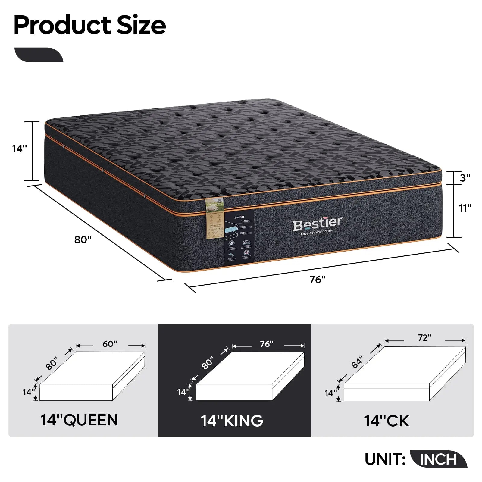 Bestier 14 Inch Organic Wool Pillow Top King Size Gel Memory Foam Mattress - Premium Support for Back, Stomach & Side Sleepers - Perfect for Master Bedroom, Guest Room & RV Use
