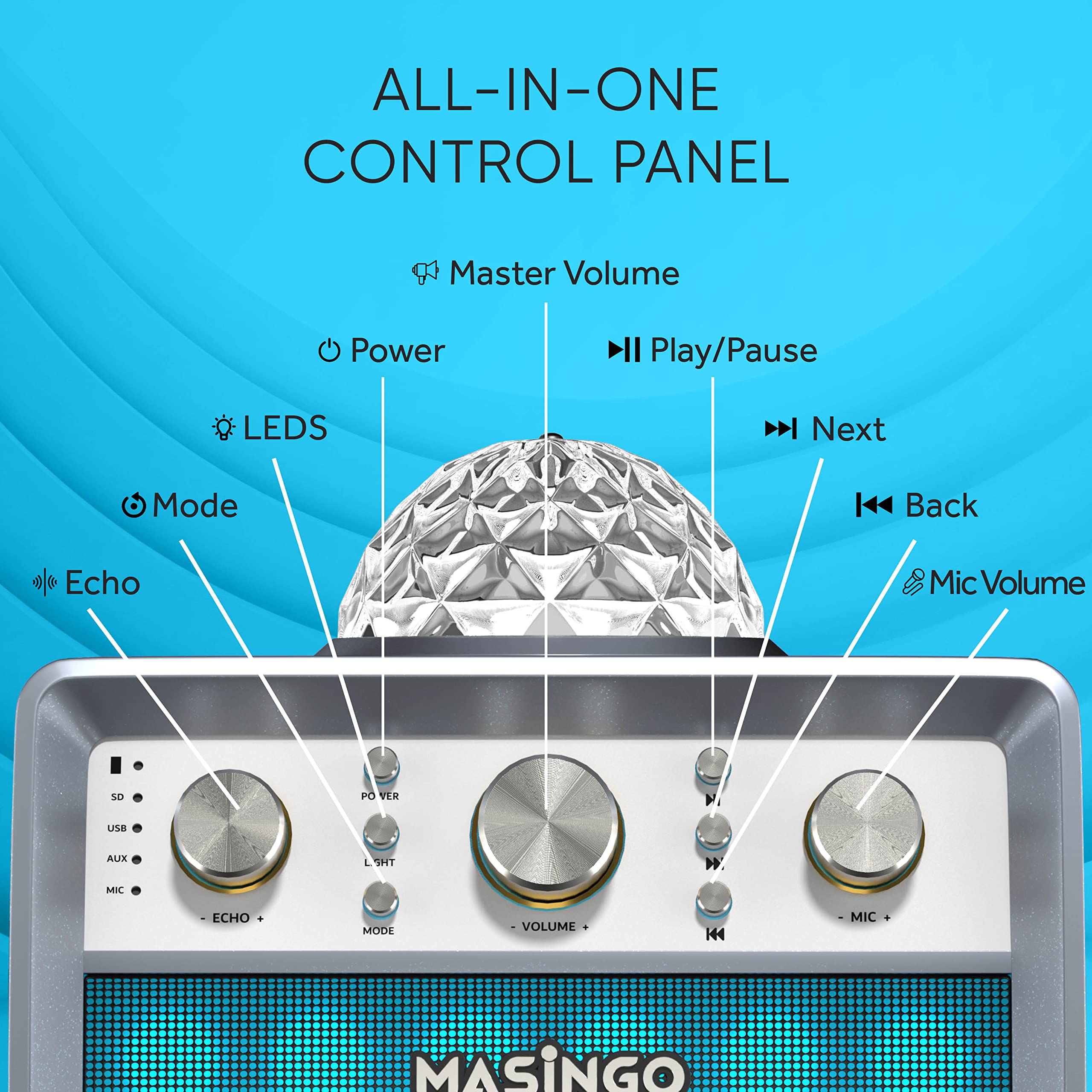 MASINGO M7 Portable Karaoke Machine with 2 Wireless Microphones - Bluetooth PA Speaker System with Disco Ball Party Lights & TV Cable for Adults & Kids - Perfect for Home Parties, Birthday Celebrations & Family Gatherings