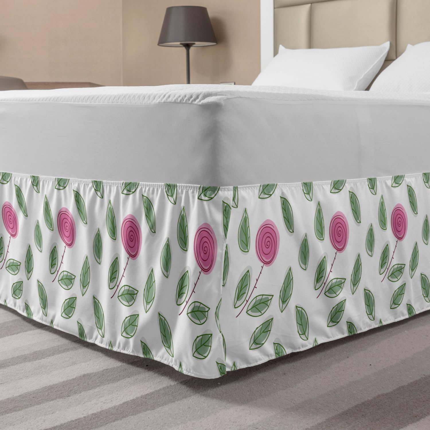 Ambesonne Rose Bed Skirt King Size - Modern Pink Rose Blossoms with Spiral Design & Green Leaves - Elastic Wrap Around Bedroom Decor - Gathered Design in Pink, Reseda Green & White - Perfect for Master Bedroom, Guest Room & Nursery Decor