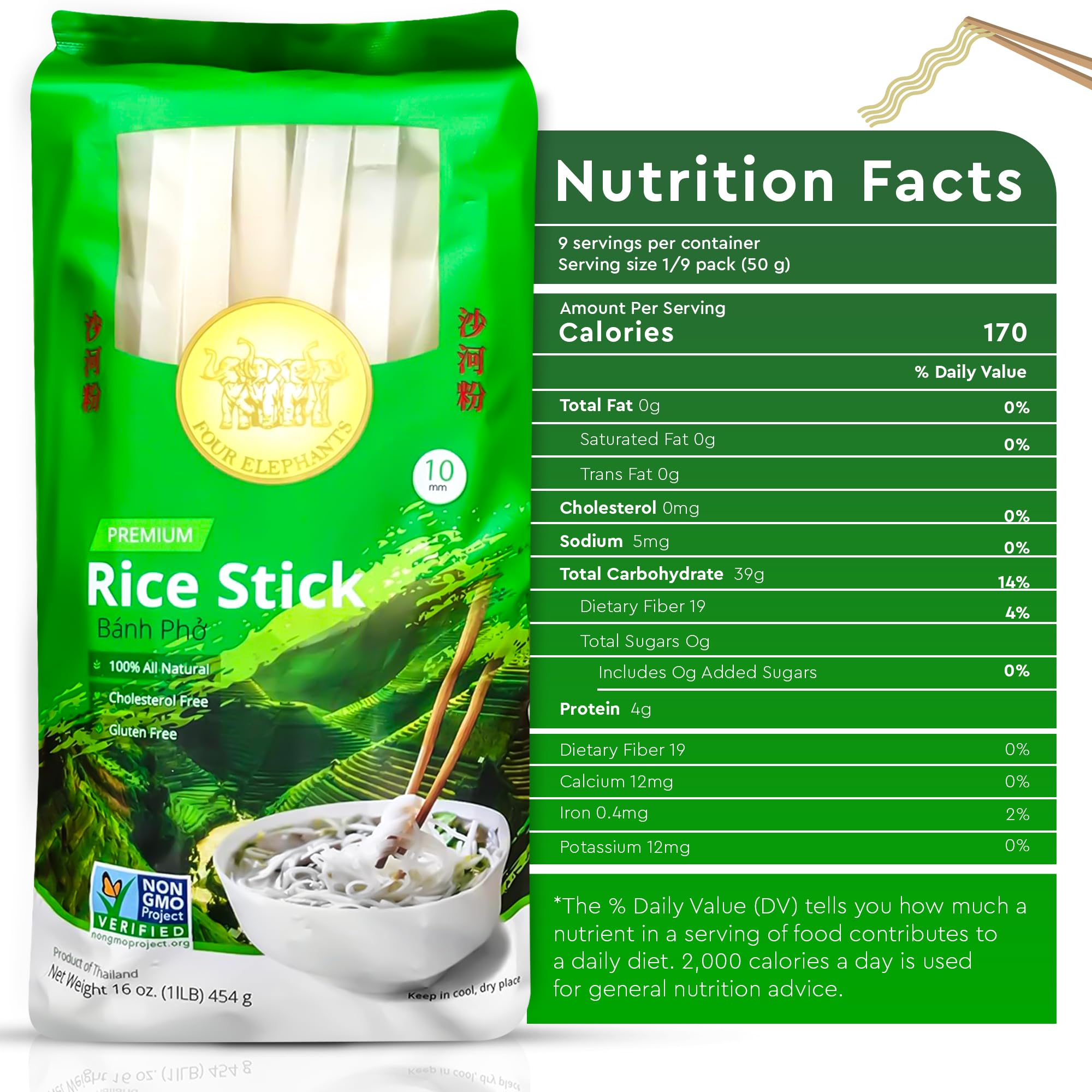 Authentic 10MM Rice Stick Noodles - 1LB (454g) Pack | Perfect for Pad Thai, Pho & Asian Cuisine | Premium Quality by Four Elephants Brand | Great for Home Cooking, Restaurants & Meal Prep