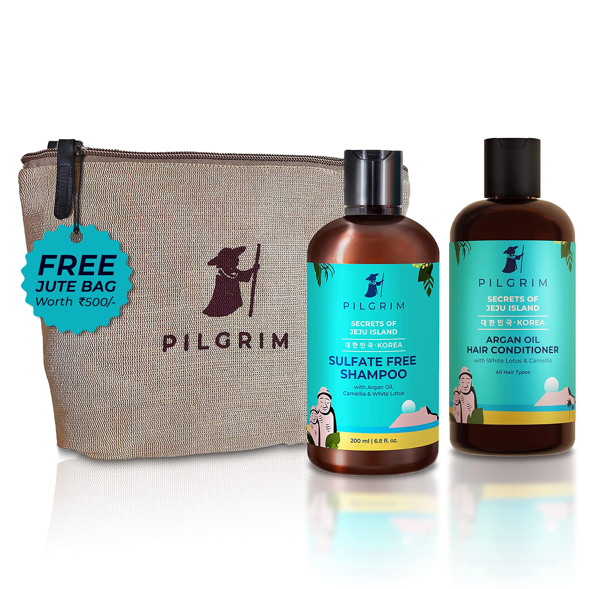 PILGRIM Korean Anti-Frizz Hair Care Set - Sulfate Free Shampoo & Argan Oil Conditioner 200ml for Smooth Silky Hair - Includes FREE Jute Bag - For Women & Men - Perfect for Daily Hair Care & Travel