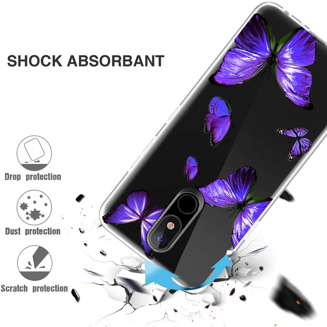 LG K40/K12 Plus/X4 2019/Solo LTE/Harmony 3/Xpression Plus 2 Clear TPU Case - Shockproof Protective Phone Cover with Purple Butterfly Design for Women & Girls | Perfect for Everyday Use, Work & Travel