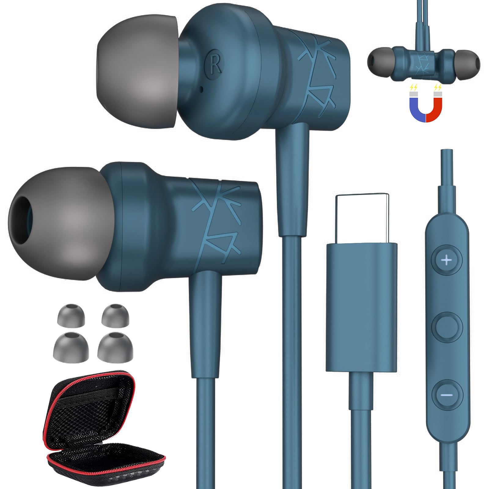 Premium USB C Wired Headphones with Noise Cancelling & Magnetic Earbuds - Type C Earphones Compatible with iPhone 16/15 Pro Max, Galaxy S25/S24/S23 Ultra, Pixel 8/7 - Built-in Mic & Volume Control (Lake Blue) - Perfect for Commuting, Workouts & Gaming