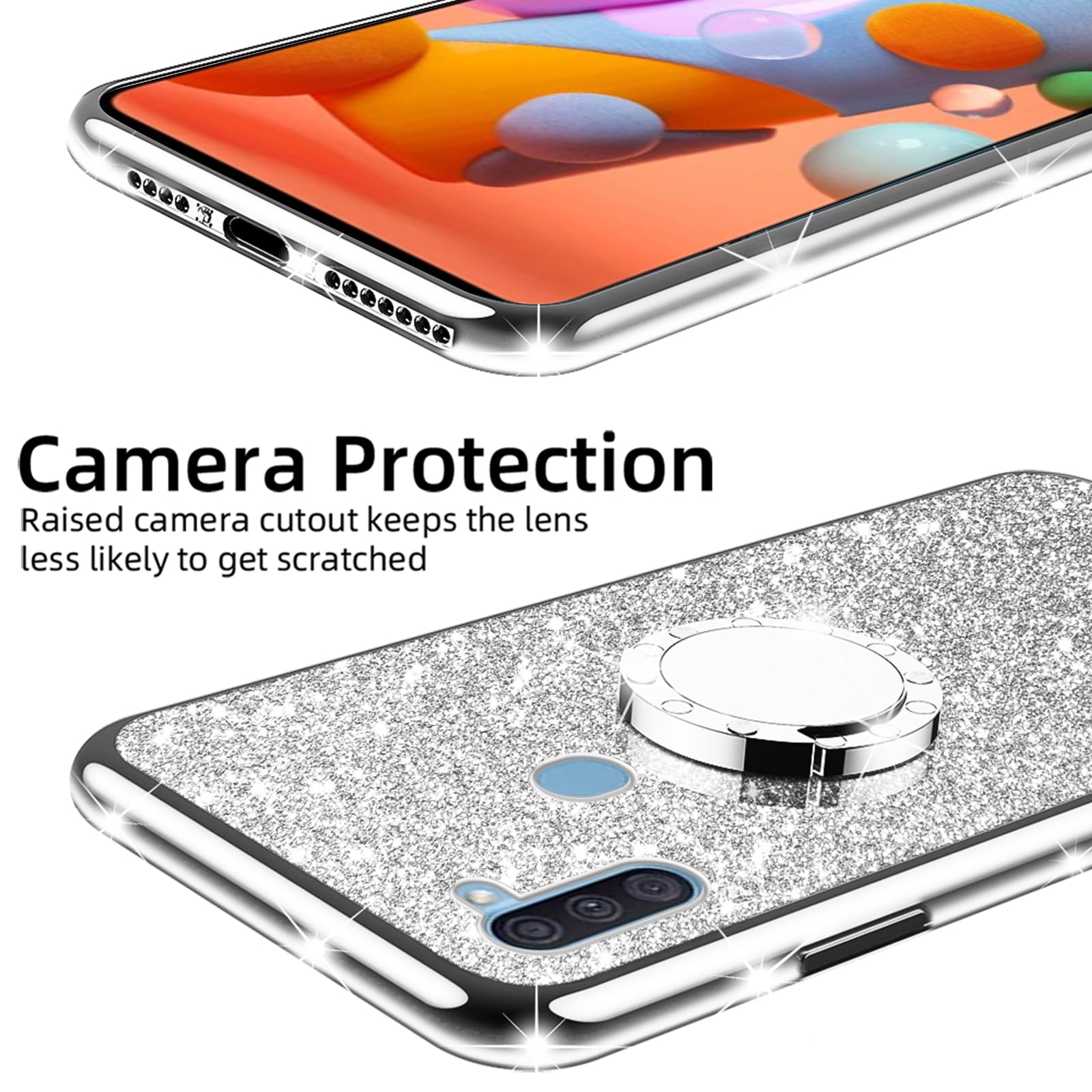 Cute Glitter Rhinestone Silicone Phone Case for Samsung Galaxy A11 - Shockproof Protection with Ring Stand, Strap & Lanyard | Perfect for Women & Girls | Stylish Accessory for Daily Use, Work & Travel (Silver)