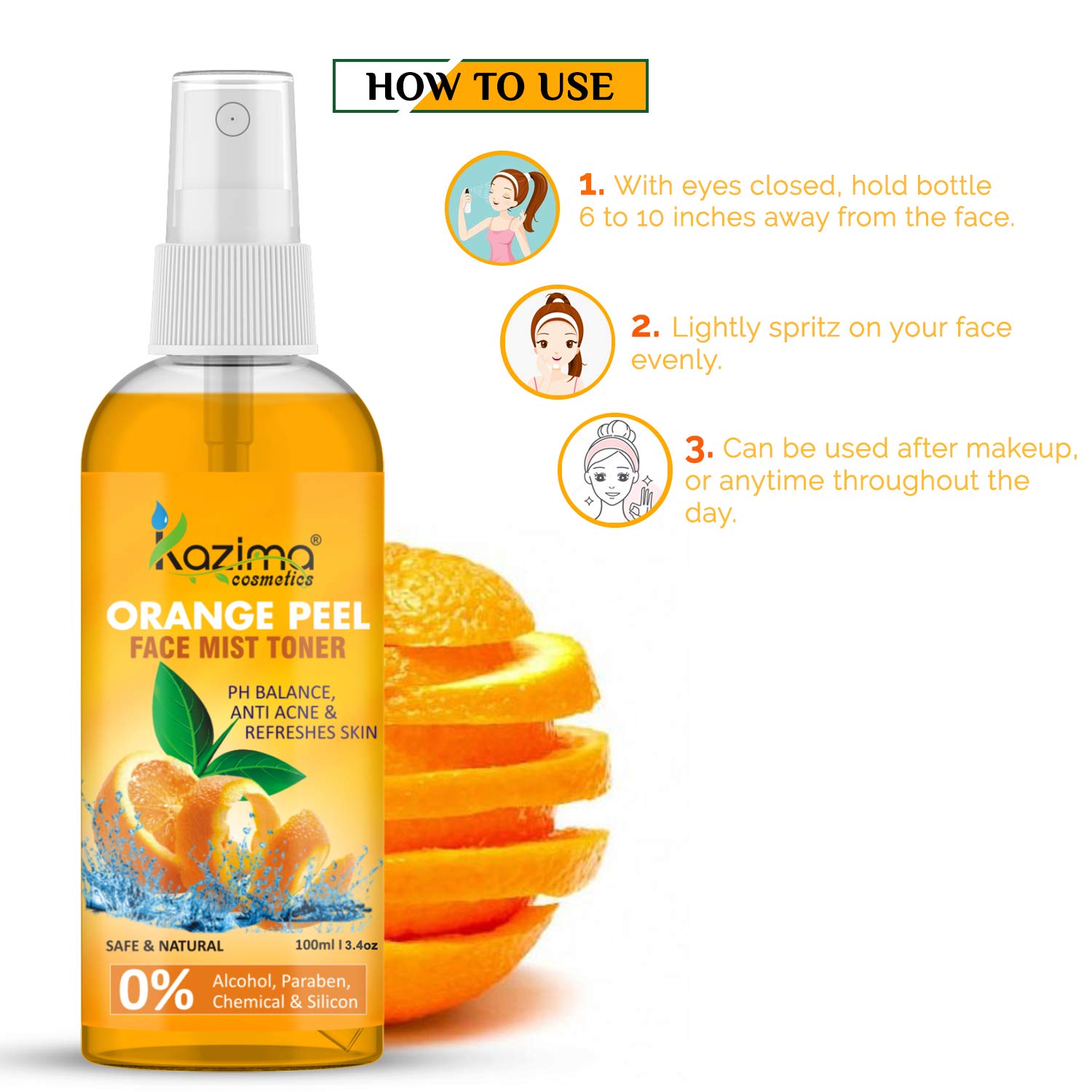 KAZIMA Orange Peel Face Mist Toner for Skin Whitening & Acne Treatment | Refreshing & Glowing Skin Care | 100ml Hydrating Facial Spray | Perfect for Daily Skincare Routine & On-the-Go Refreshment
