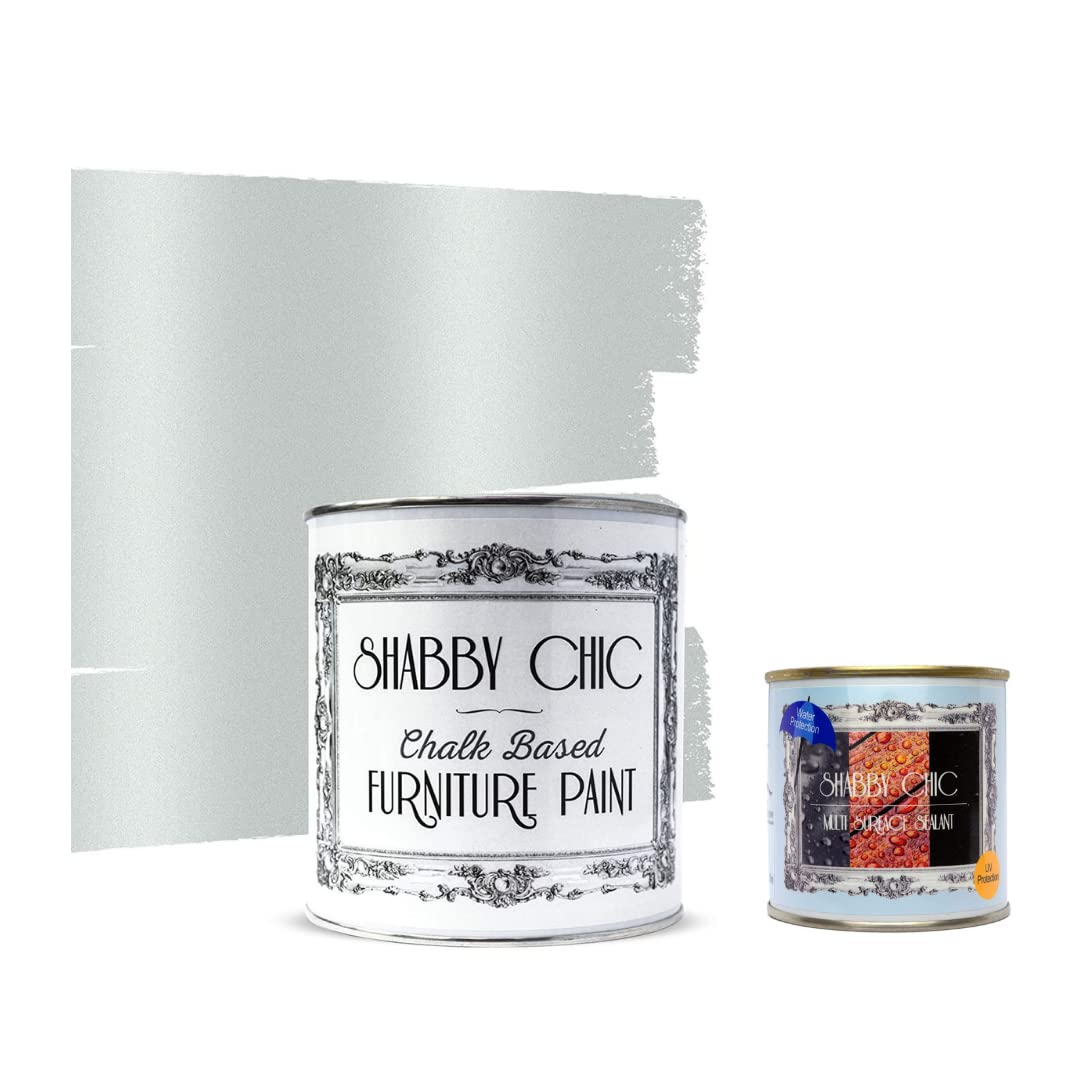 SHABBY CHIC Chalk Based Furniture Paint - 1 Liter Antique Silver & 8.5oz Multi Surface Sealant Clear - DIY Home Decor Bundle for Wood Furniture, Cabinets, Dressers - Perfect for Vintage Restoration & Farmhouse Style Projects