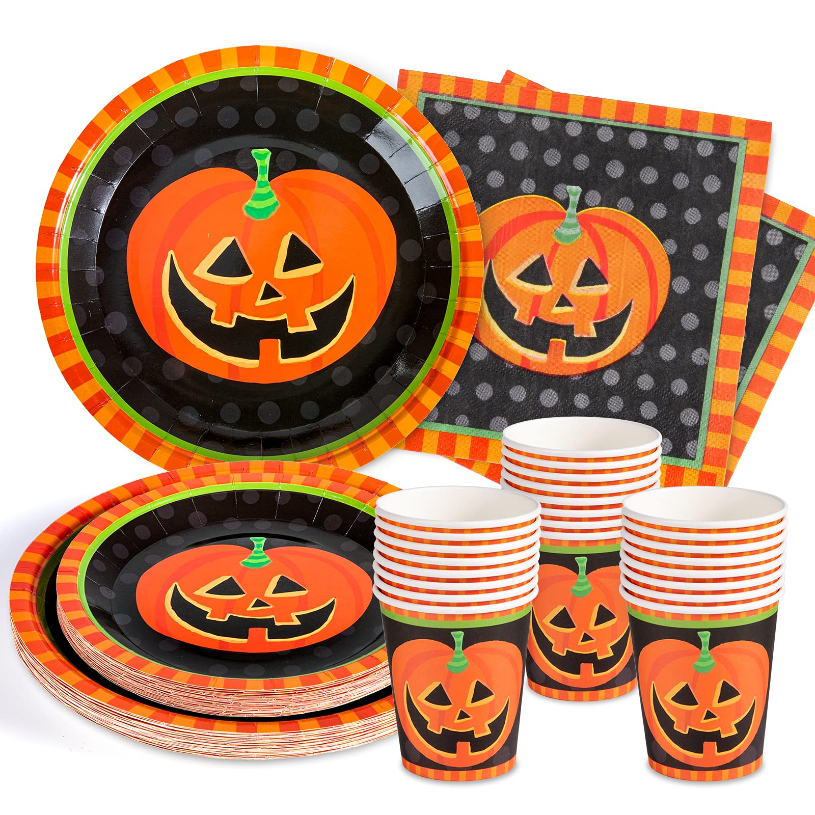 Whaline 96-Piece Halloween Party Dinnerware Set - Orange & Black Pumpkin Themed Disposable Plates, Cups, Napkins - Spooky Tableware for Halloween Parties, Birthdays, Themed Events - Serves 24 Guests - Perfect for Trick-or-Treat Gatherings, Haunted House Parties & Fall Celebrations