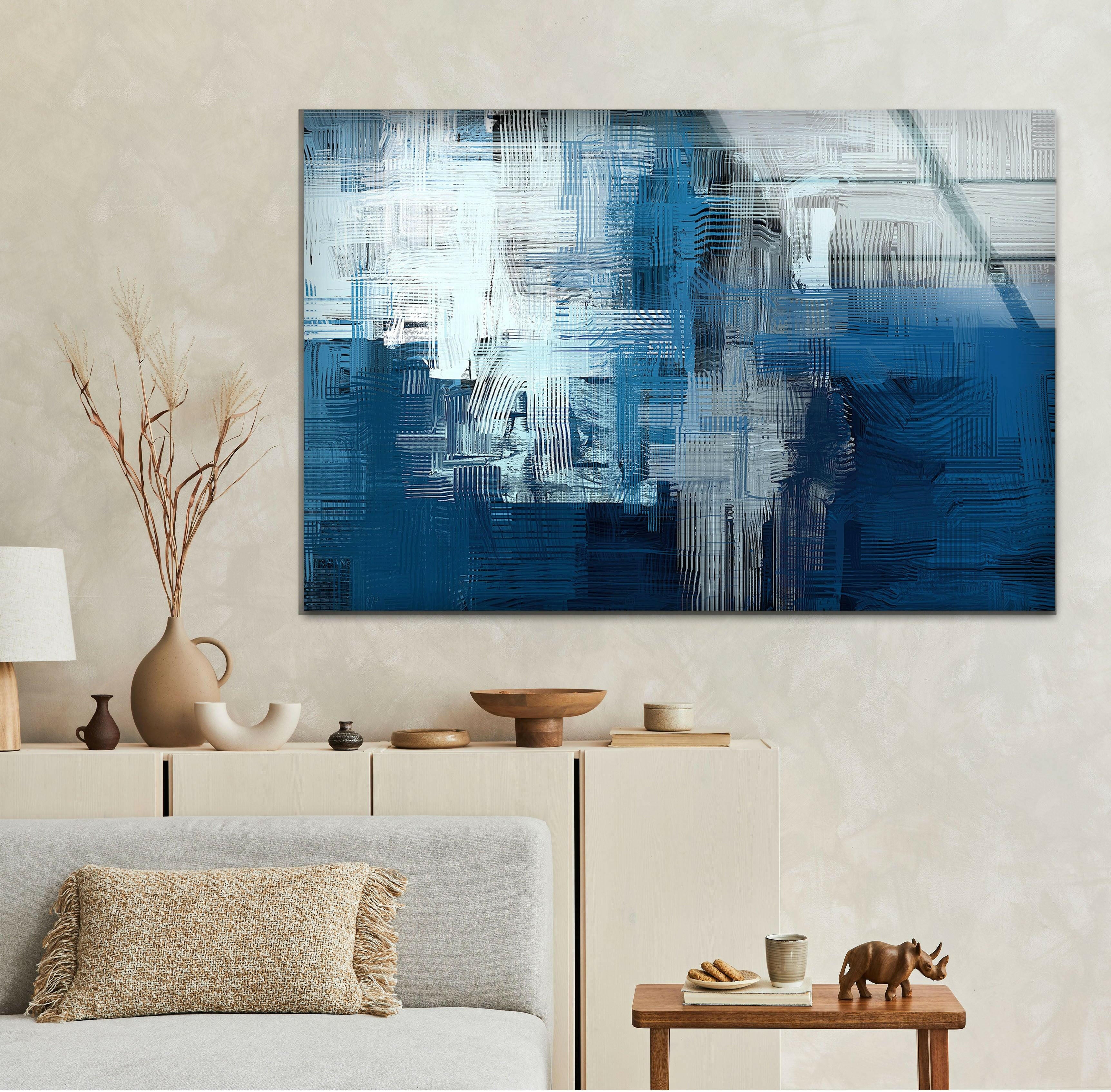 Blue Ink Abstract Glass Wall Art - Modern Handmade Glass Painting for Home & Office Decor - Perfect for Living Room, Bedroom, or Office Wall Decor