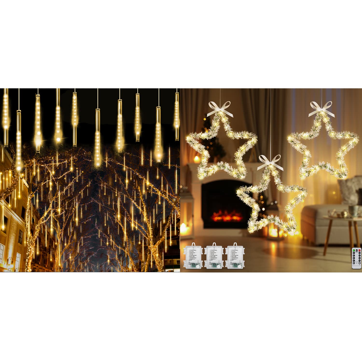 MAOYUE 640 LED Meteor Shower Christmas Lights - 16 Tube Icicle Lights with Snow Pine Leaves for Outdoor Holiday Decor (3 Pack, Battery Operated) - Perfect for Roof, Window, Yard & Christmas Tree Decoration