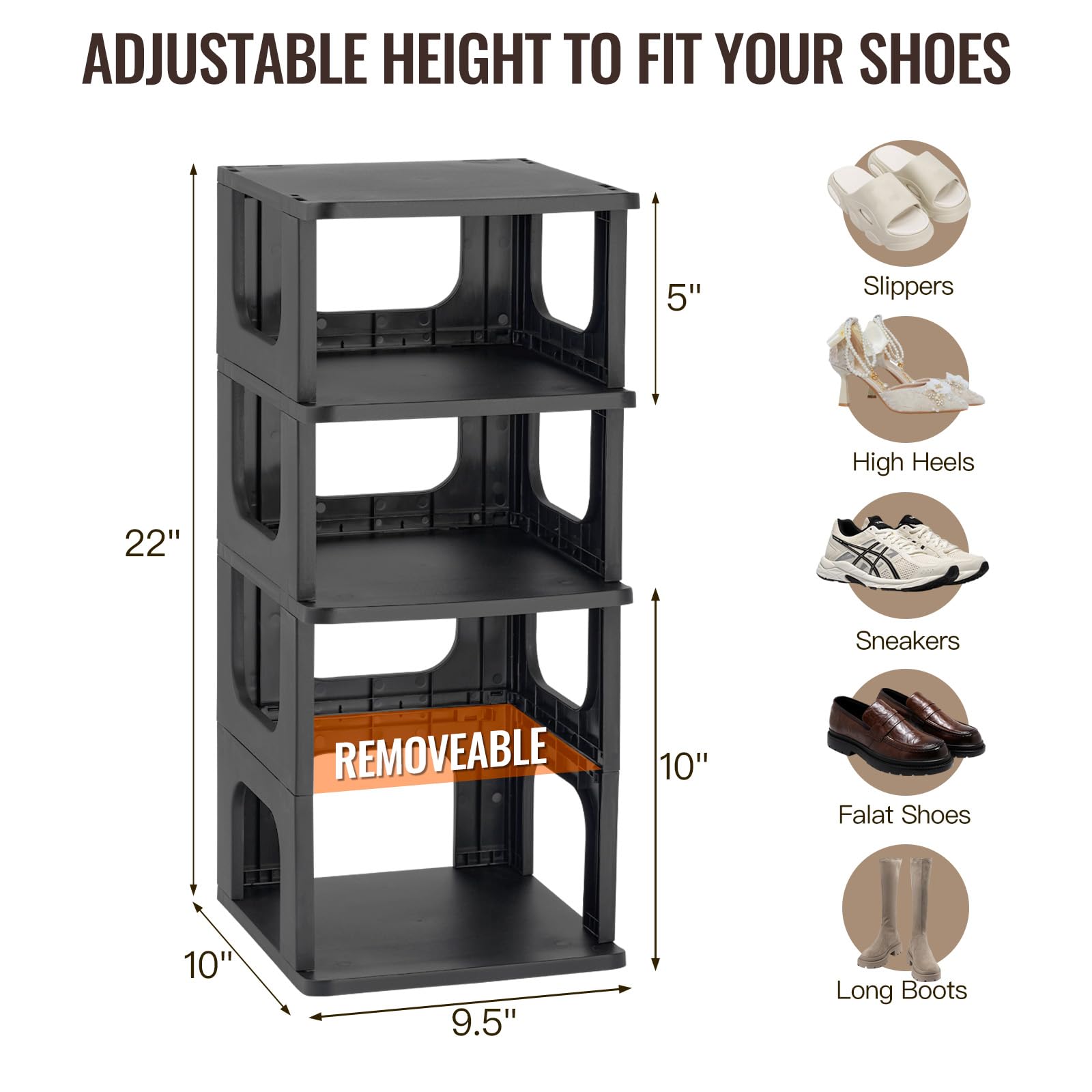 TRZZ 5-Tier Vertical Shoe Rack Organizer - Space Saving Stackable Shoe Storage with Removable Partitions for Closet, Entryway & Small Spaces - Perfect for Apartments, Dorms & Tiny Homes (Black)