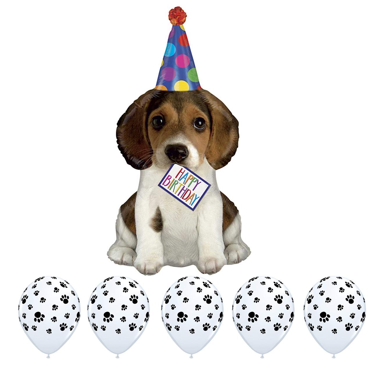 41 Inch Happy Birthday Puppy Foil Balloon & 11 Inch White Black Paw Print Latex Balloons (8-Piece Set) - Perfect Dog Themed Party Decorations for Beagle, Puppy Birthday, Doggy Shower & Pet Celebration Decor