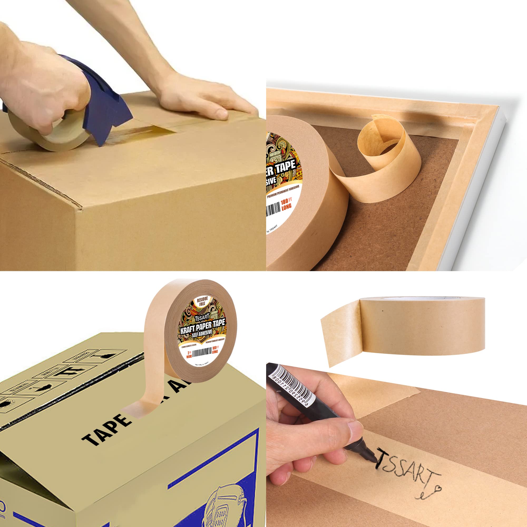 Kraft Paper Tape - 2 Inch Wide 180FT Long Self-Adhesive Brown Packing Tape for Picture Framing, Masking, Sealing & Packaging | Oxidation Resistant & Durable | Perfect for Arts & Crafts, Shipping Boxes & Home Organization