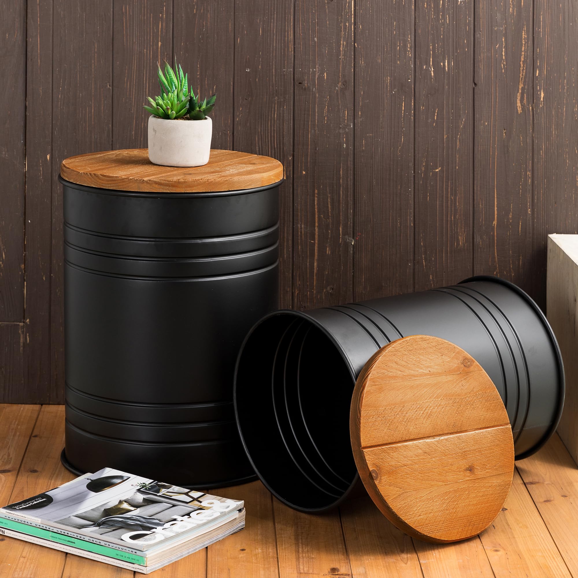 Glitzhome 2-Piece Farmhouse Nesting Tables with Storage Lids - Rustic Metal Barrel Side Tables for Living Room, Bedroom, Office - Black | Perfect for Small Spaces & Home Decor Accents