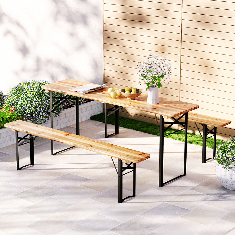 3-Piece Outdoor Dining Set - Patio Wooden Bench & Lounge Furniture for Garden, Backyard, and Poolside Relaxation