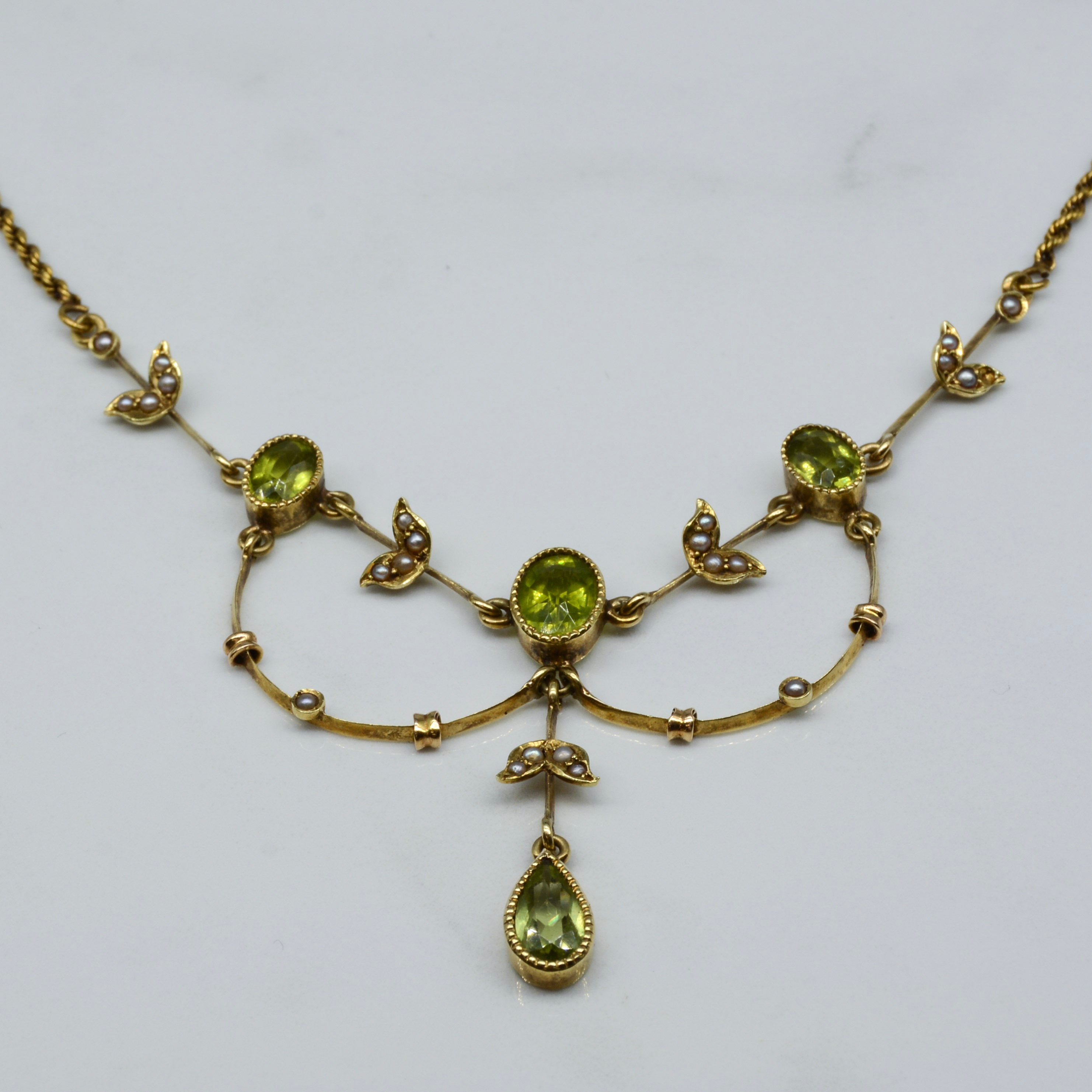 Edwardian Peridot & Seed Pearl Necklace - 16 Inch Antique Style Jewelry for Weddings, Parties & Vintage Fashion