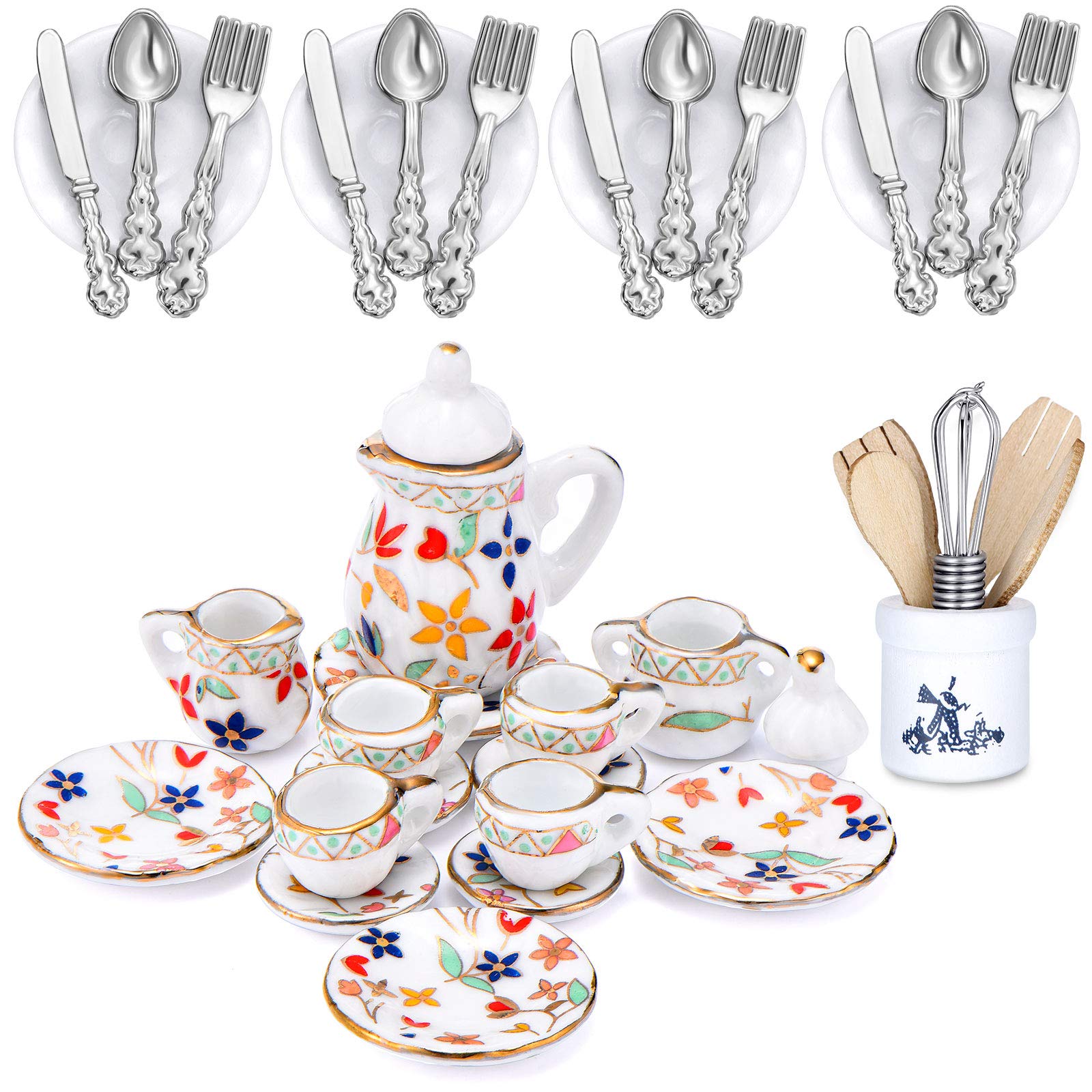 1:12 Scale Miniature Dollhouse Kitchen Accessories Set - 37 Pieces Including 16 Plates, Cutlery, 6 Egg Beaters & 15 Tea Cups | Realistic Doll Toy Supplies for Collectors & Kids (Flora Bloom Design) | Perfect for Dollhouse Decor, Role Play & Miniature Displays