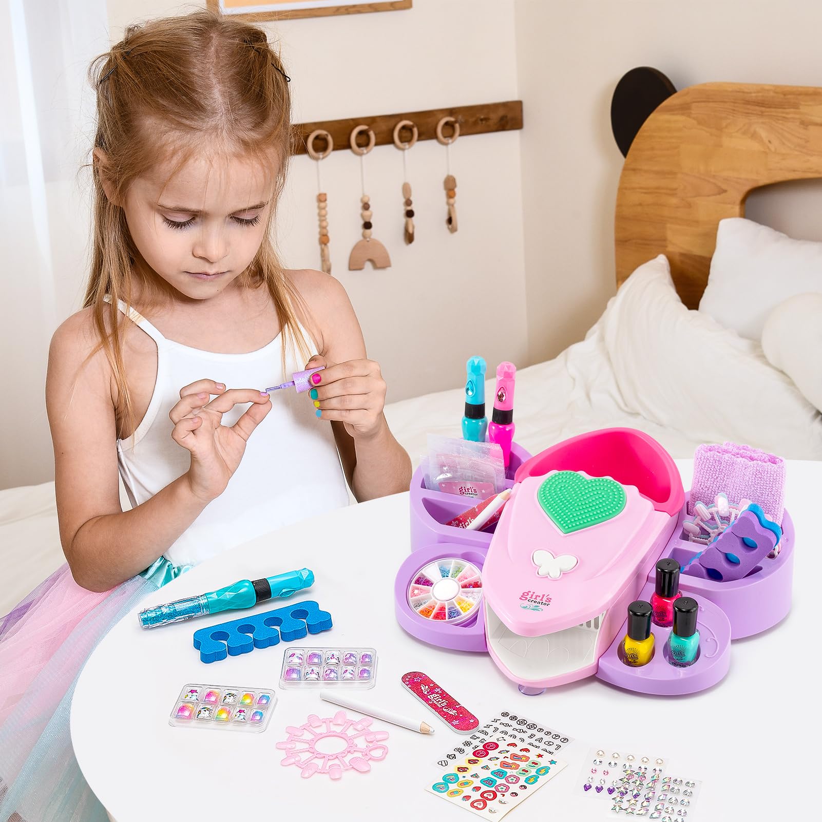 G.C Kids Nail Polish Set - 12 Non-Toxic Colors Nail Art Kit with Storage Desk, Nail Dryer & Hand Massage Spa Tools - Perfect Manicure Salon Toy Gift for Girls Ages 6-12 - Birthday, Christmas Present for Little Princess Spa Day at Home