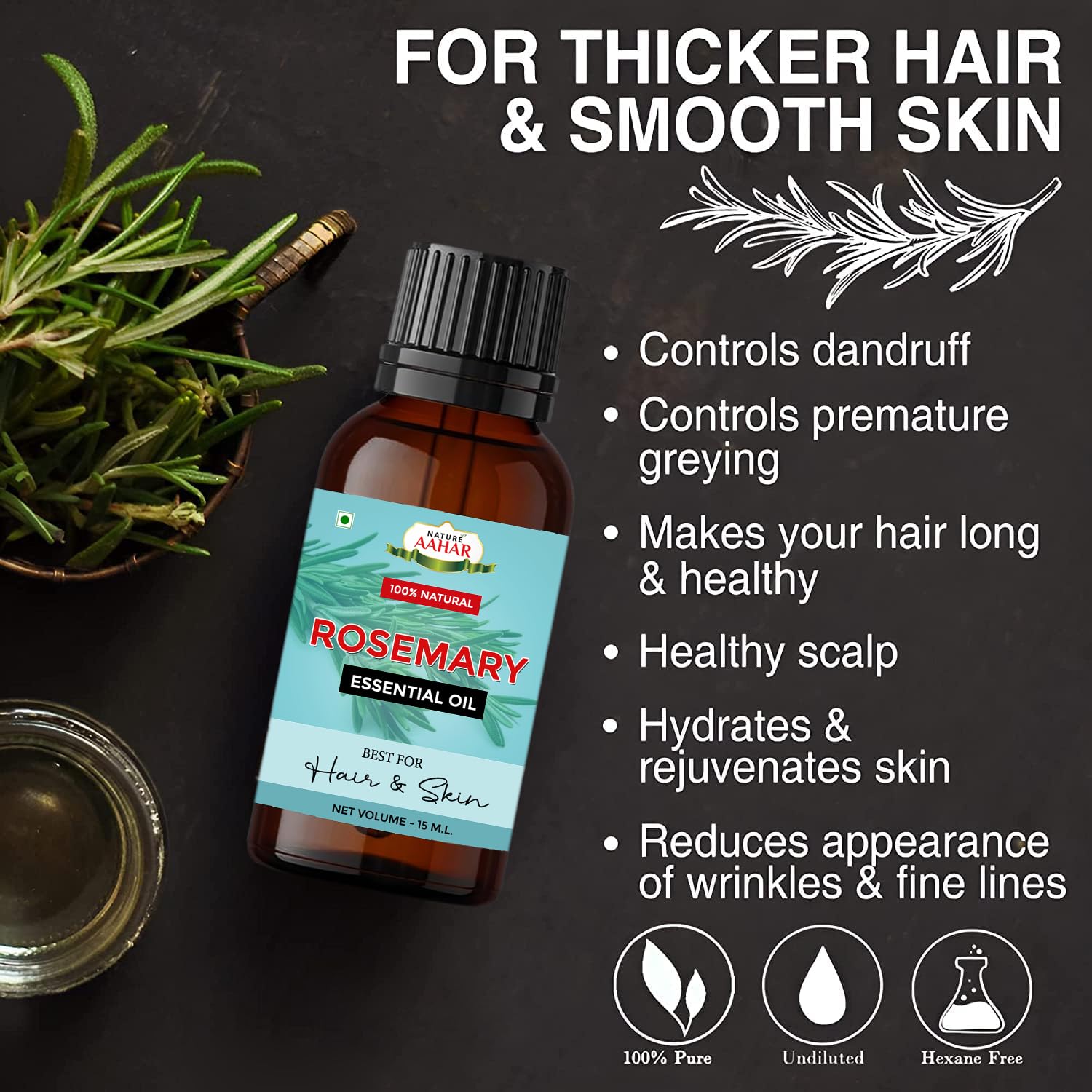Pure Rosemary Essential Oil & Dried Rosemary Leaves Combo (15ml Oil + 100g Leaves) for Hair Growth, Skin Care & Aromatherapy | Natural Face Serum, Scalp Treatment & Cooking Ingredient