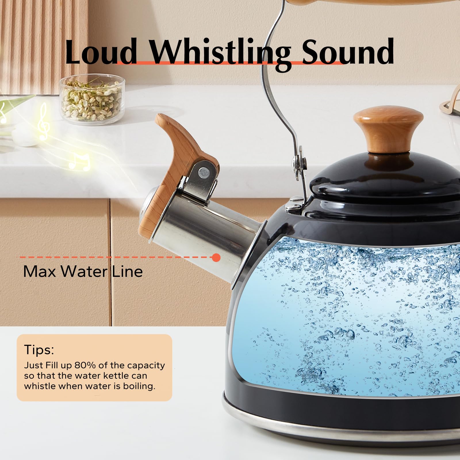 ROCKURWOK 1.6 Quart Stainless Steel Whistling Tea Kettle - Cool Touch Ergonomic Handle, Stovetop Safe, Food Grade Material (Black) - Perfect for Home, Office & Camping Tea Brewing