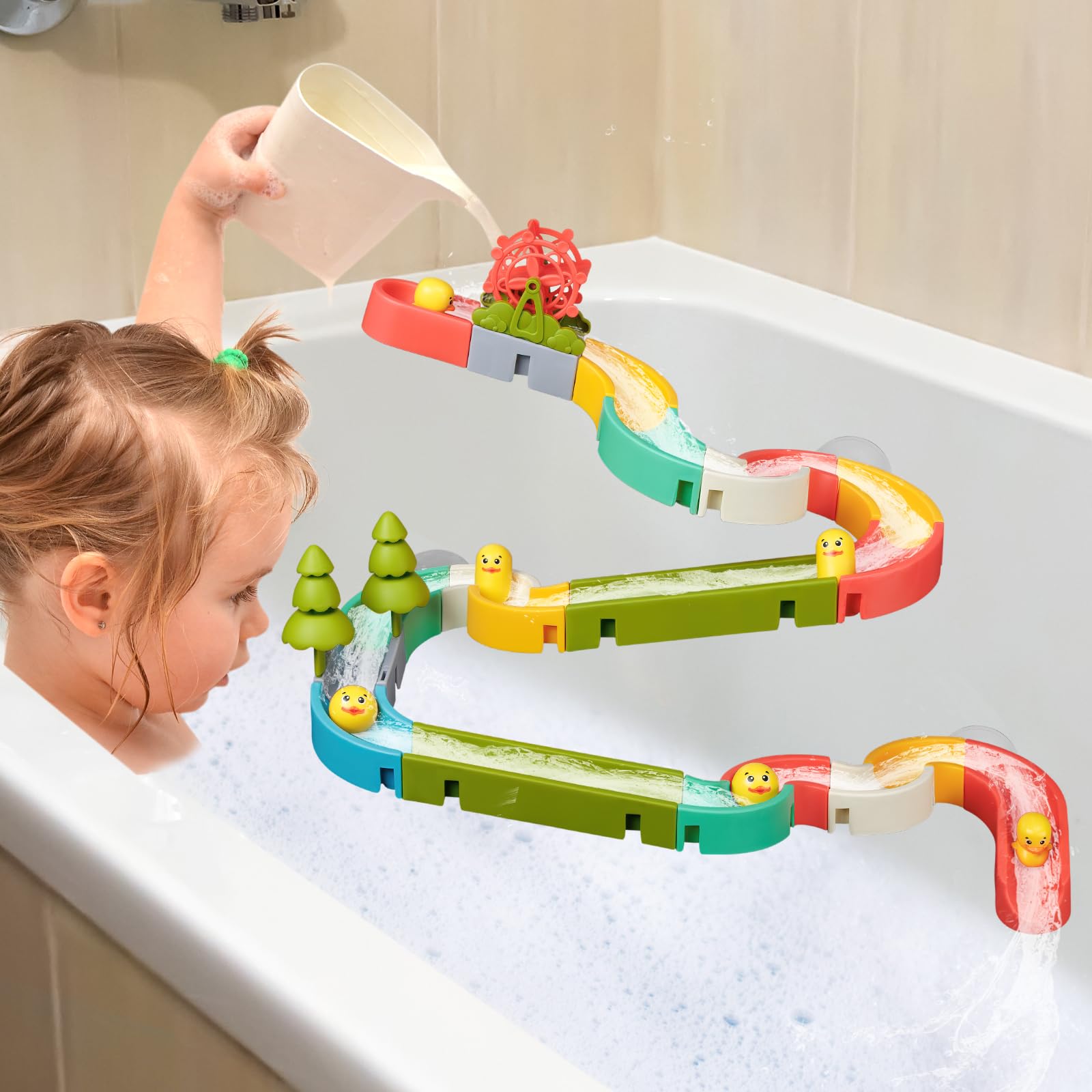 38 PCS Duck Slide Bath Toys for Kids Ages 3-8, DIY Building Kit for Toddlers, Fun Bathtub Time & Pool Play Educational Toys - Perfect Birthday Gift for Boys & Girls
