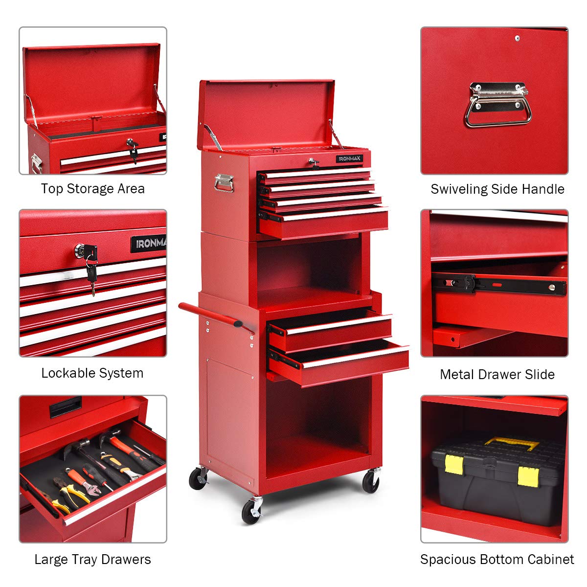 Goplus 6-Drawer Rolling Tool Chest with Auto Locking System - 3-in-1 Tool Organizer with Lockable Wheels, Sliding Drawers & Detachable Top - Heavy Duty Tool Storage Cabinet for Garage, Workshop & DIY Projects (Red) - Perfect for Mechanics, Carpenters & Home Improvement
