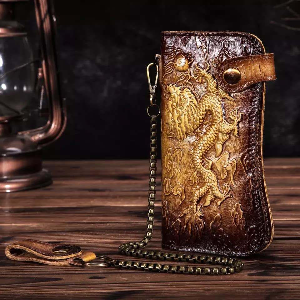 **Men's 3D Genuine Leather Biker Wallet - Handmade Carved Airbrush Art Custom Personalized Long Wallet for Everyday Use & Gifts**