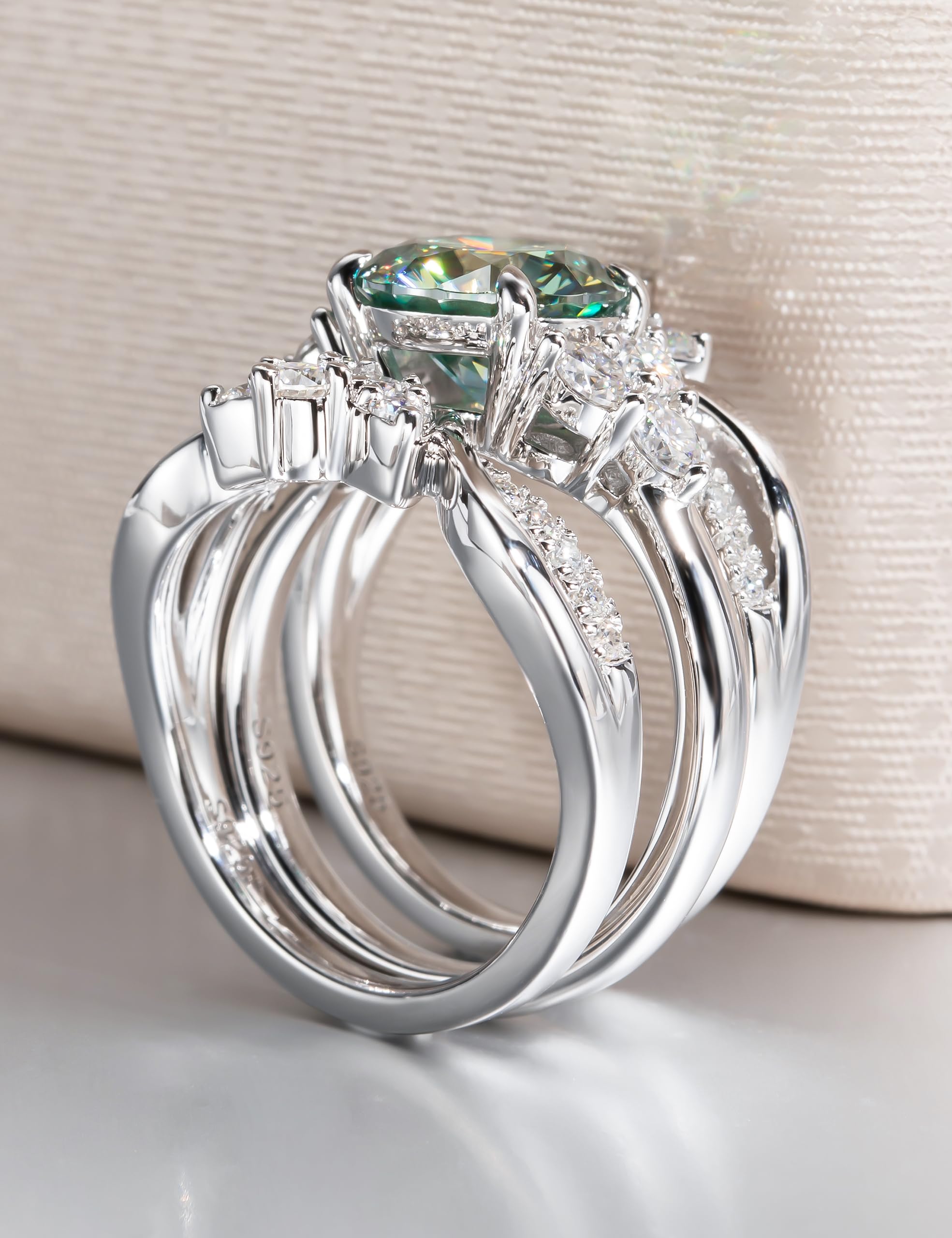 Vivid Blue Green Moissanite Wedding Ring Set for Women - 4.2cttw Engagement & Anniversary Band - Platinum Plated Sterling Silver Wrap Enhancer - Size 7 - Perfect for Bridal, Proposal & Special Occasions