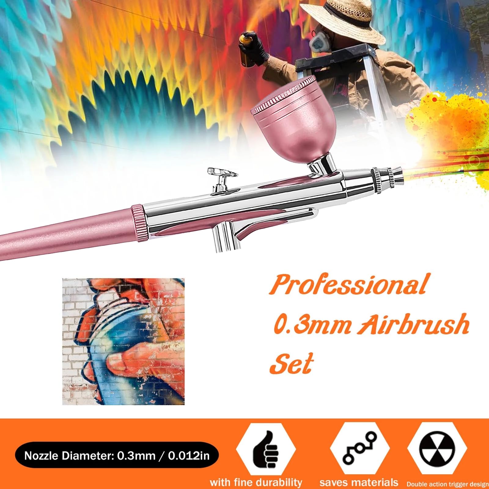 Professional Airbrush Kit with Compressor - 0.3mm Nozzle Portable Air Brush Gun Set for Painting, Cake Decorating, Makeup & Nail Art | Perfect for Hobbyists, Artists & DIY Projects (Pink)