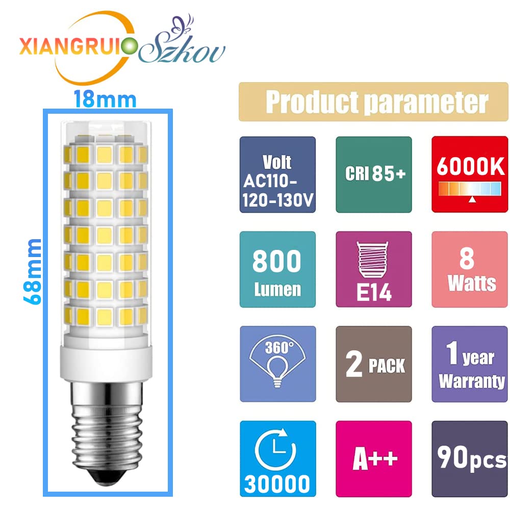 2-Pack E14 LED Bulb 8W 6000K Daylight White - European Base for Refrigerator, Cooker Hood, Oven (Compatible with Whirlpool RBD305PVS02 & 4174189) - 80W Equivalent AC120V - Perfect for Kitchen Appliances and Home Lighting