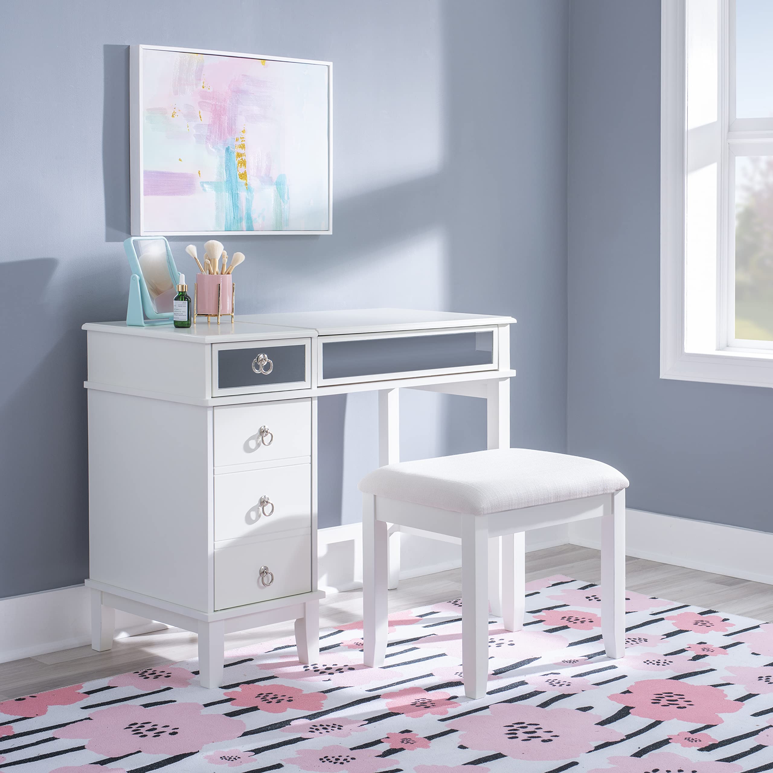 Linon White Vanity Set with Mirror & Stool - Elegant Dressing Table for Bedroom, Bathroom & Makeup Area