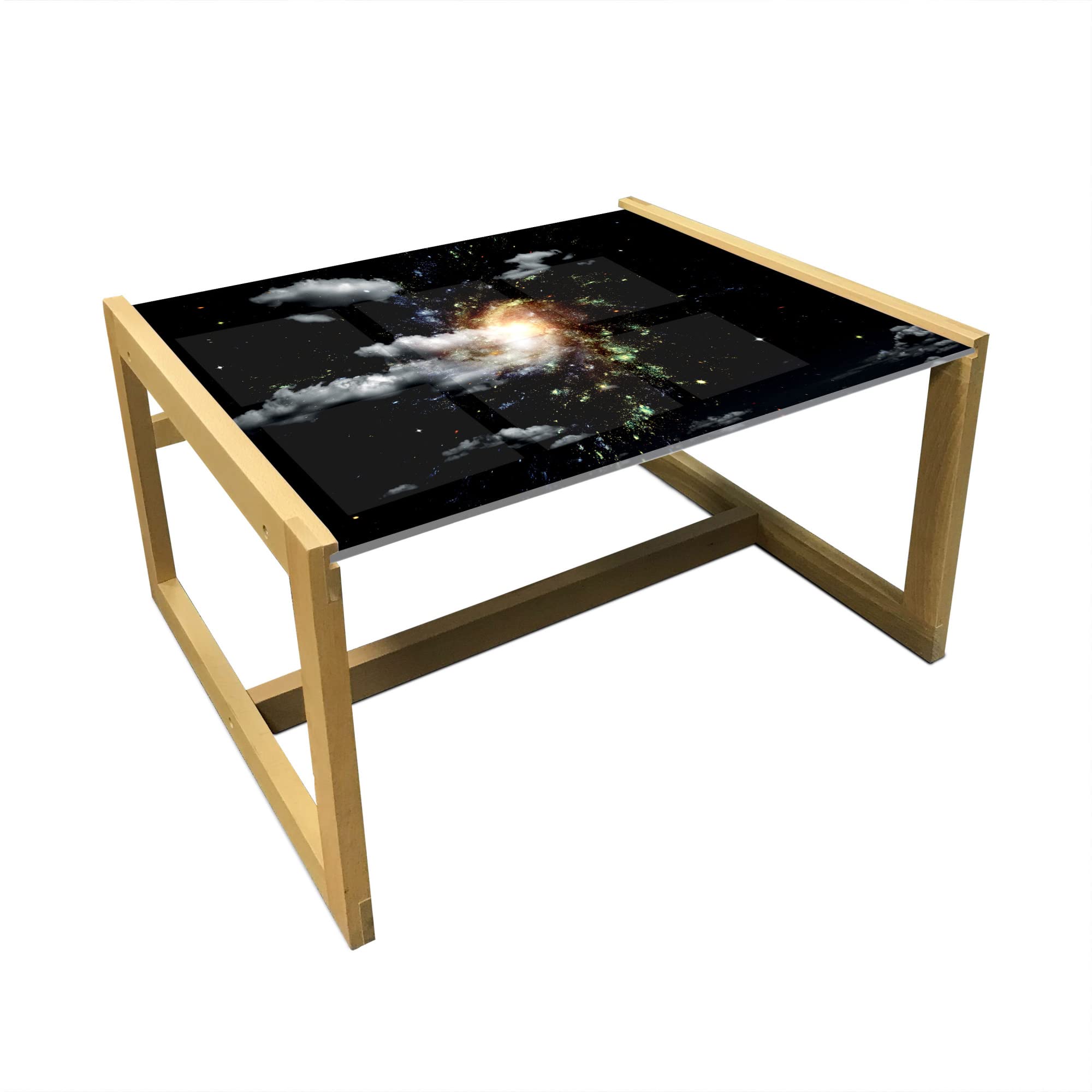 Ambesonne Modern Galaxy Coffee Table - Outer Space Design with Stars, Planets & Hazy Gas Clouds - Acrylic Glass Top & Wooden Frame - Perfect for Offices, Dorms & Living Rooms - Medium Size in Black & Multicolor - Cosmic Adventure Scenery for Sci-Fi Lovers & Astronomy Enthusiasts