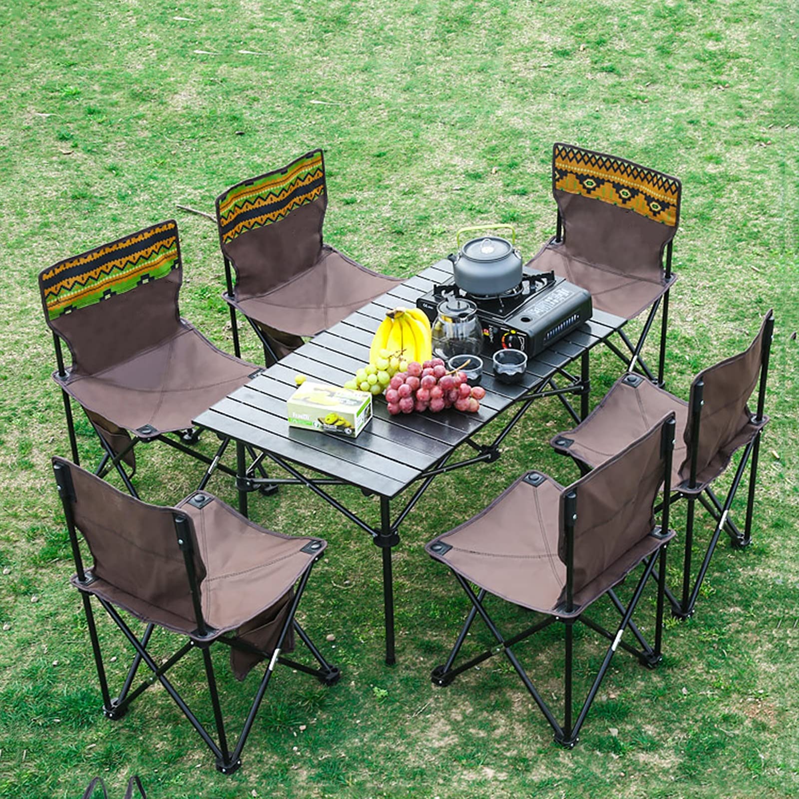 Portable Aluminum Alloy Folding Camping Table with 6 Chairs - Lightweight Outdoor Picnic Set for Camping, Backyard, Beach & Tailgating - Easy Storage & Carry (Package 3)