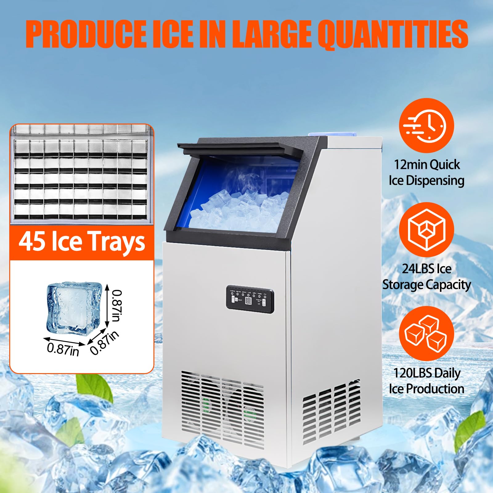 Commercial Ice Maker Machine 120lbs/24H, 24LBS Storage Bin, 45 Ice Trays, 12-15min Quick Ice Dispensing - Freestanding Countertop Ice Maker with Scoop for Home, Office, Restaurant & Bar - Perfect for Parties, Beverage Service & Commercial Use