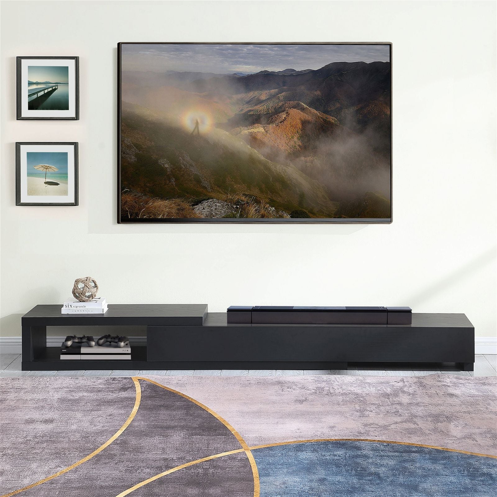 Criterion Durham Extendable TV Stand 260cm - Modern Lowline TV Unit in Black Oak for Living Room & Home Theater Setup