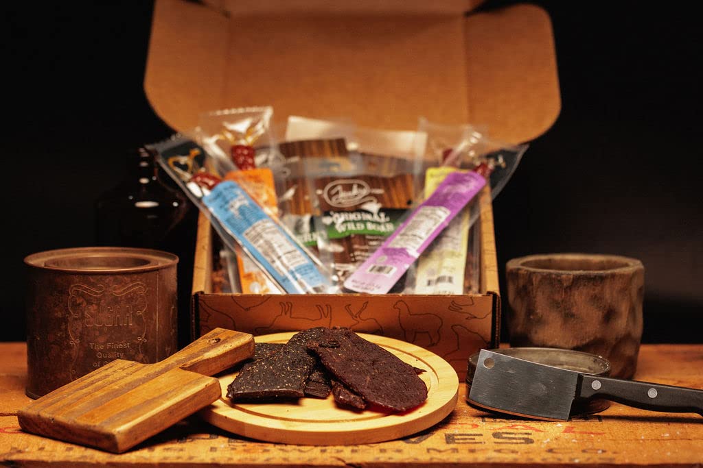 Premium Exotic Jerky Gift Box for Men - 8 Piece Gourmet Meat Snack Set with Venison, Elk, Buffalo & Wild Boar - Healthy Protein Snacks for Outdoor Adventures, Camping, Hiking & Father's Day Gifts