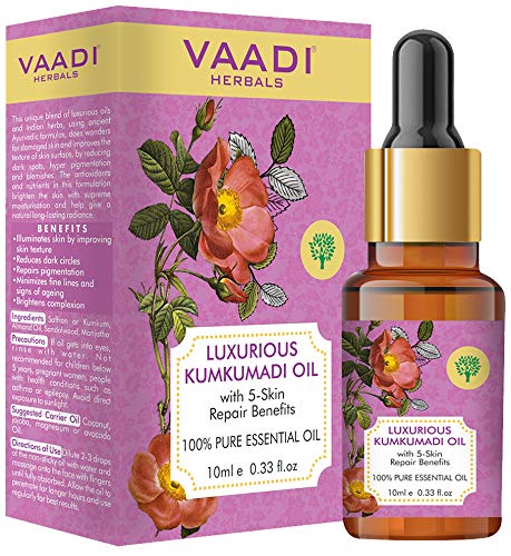 VAADI HERBALS Kumkumadi Face Oil with Saffron & Sandalwood - Dark Circle Treatment, Skin Brightening & Pigmentation Reduction - 10ml - Perfect for Nighttime Skincare & Anti-Aging Routine