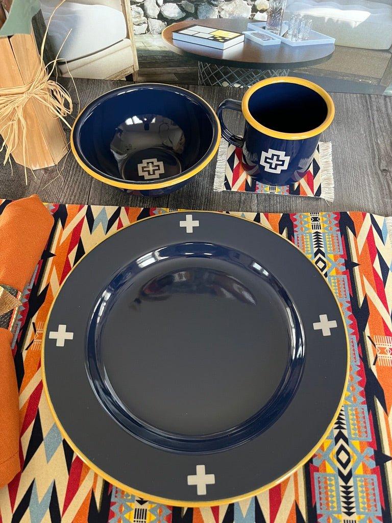 Navy Blue Cross Enamelware Dinner Plates - Vintage Style Enamel Dinnerware Set for Camping, Picnics & Outdoor Dining