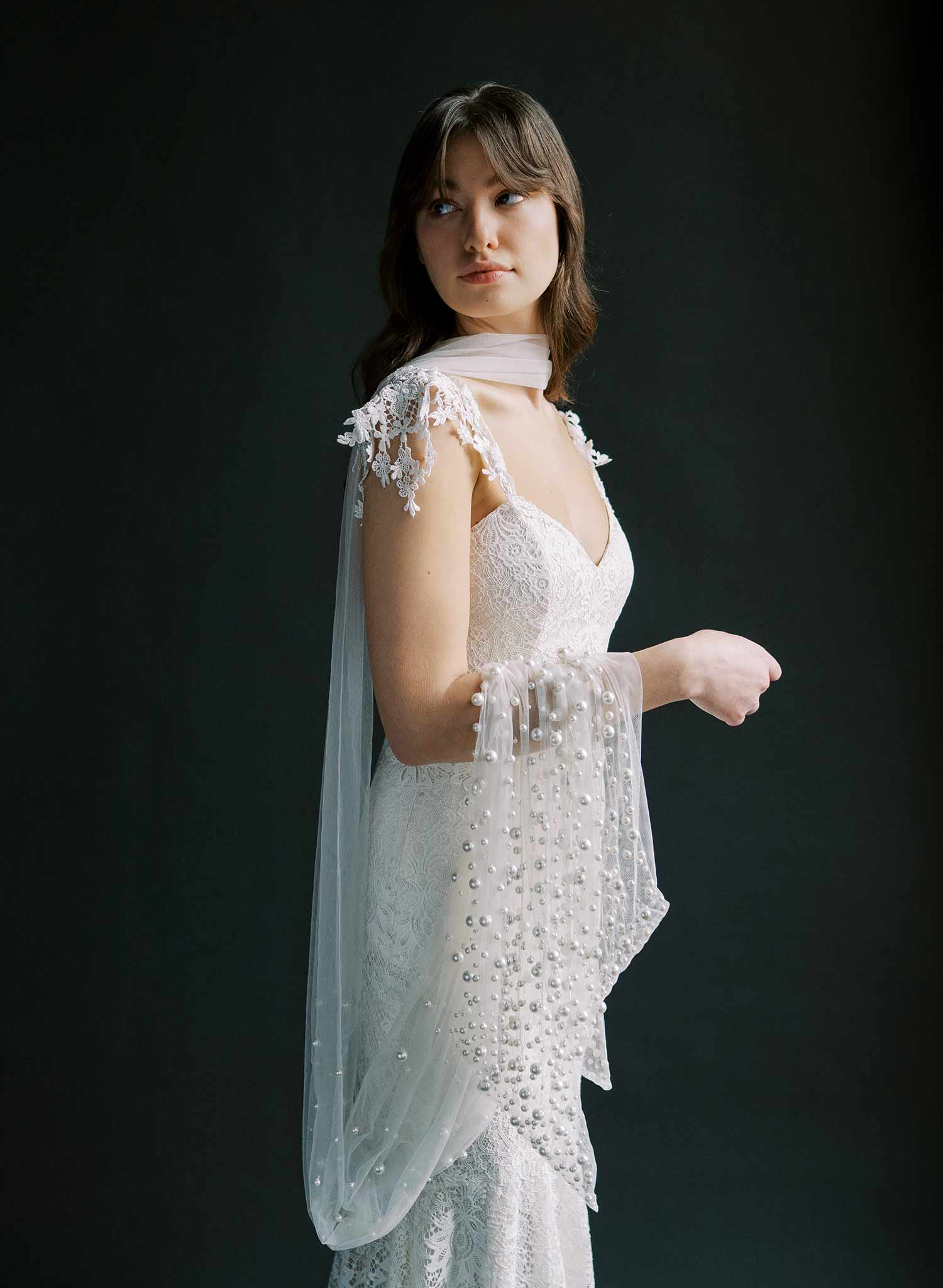 Elegant Mixed Pearl Embroidered Wedding Veil - Chapel Length Bridal Scarf (Style #2577) | Perfect for Church Ceremonies & Romantic Photoshoots