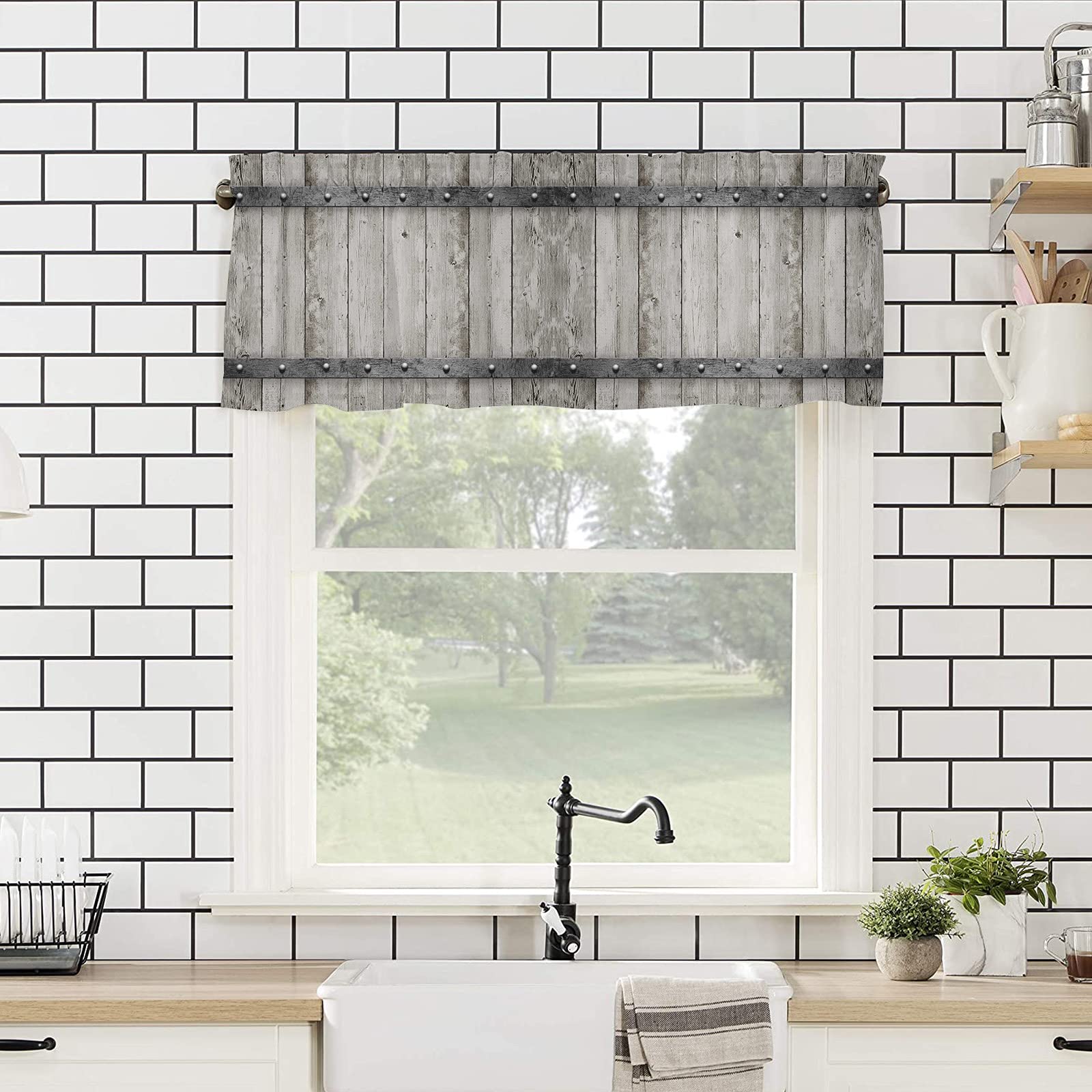 Rustic Farmhouse Valance Curtains 54x18 Inch - Wooden Barn Door Design, Rod Pocket Short Window Topper for Kitchen, Living Room, Bedroom - Perfect for Country Style Home Decor & Small Window Treatments