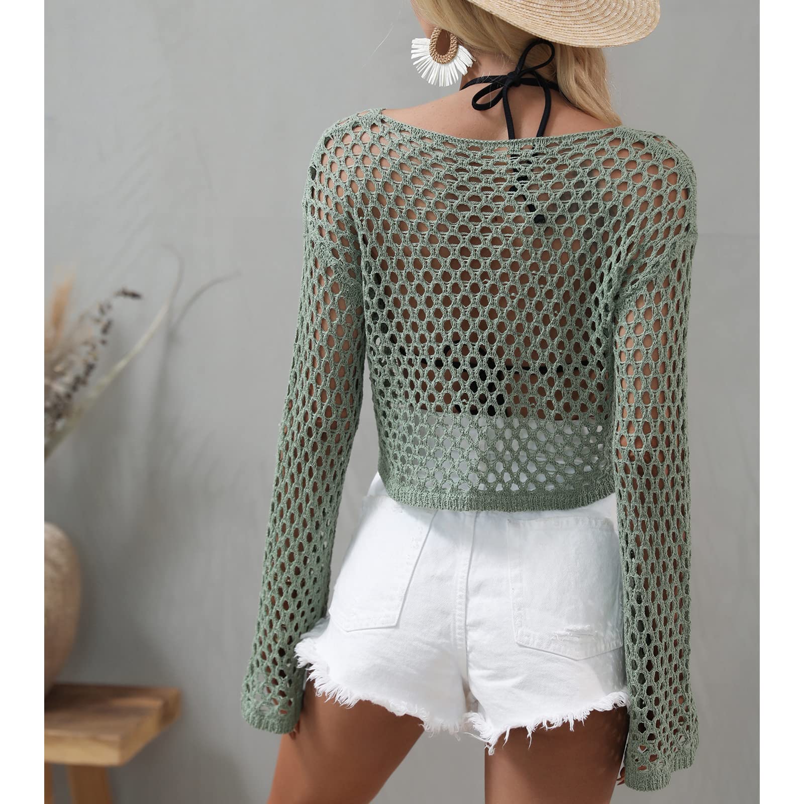Xaspee Women's Cropped Knit Top - Crewneck Long Sleeve Crochet Hollow Out Mesh Pullover Sweater for Casual Wear, Layering & Fall Fashion