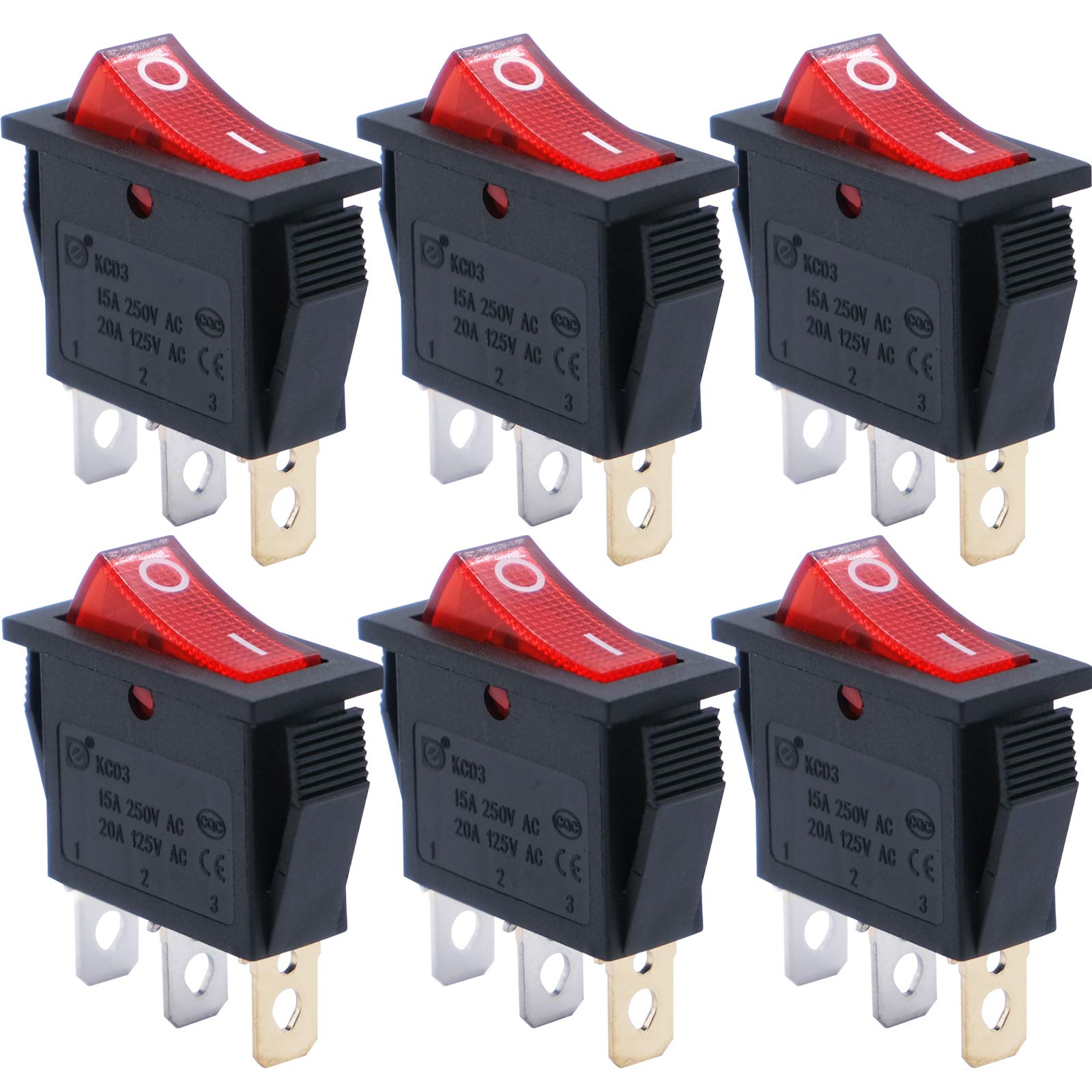 MXU3-101NR 6PCS AC 110V/120V Red Illuminated Rocker Switch SPST ON/OFF Toggle Power Switch 3 Pin - Perfect for Home Appliances, Industrial Equipment & DIY Electrical Projects