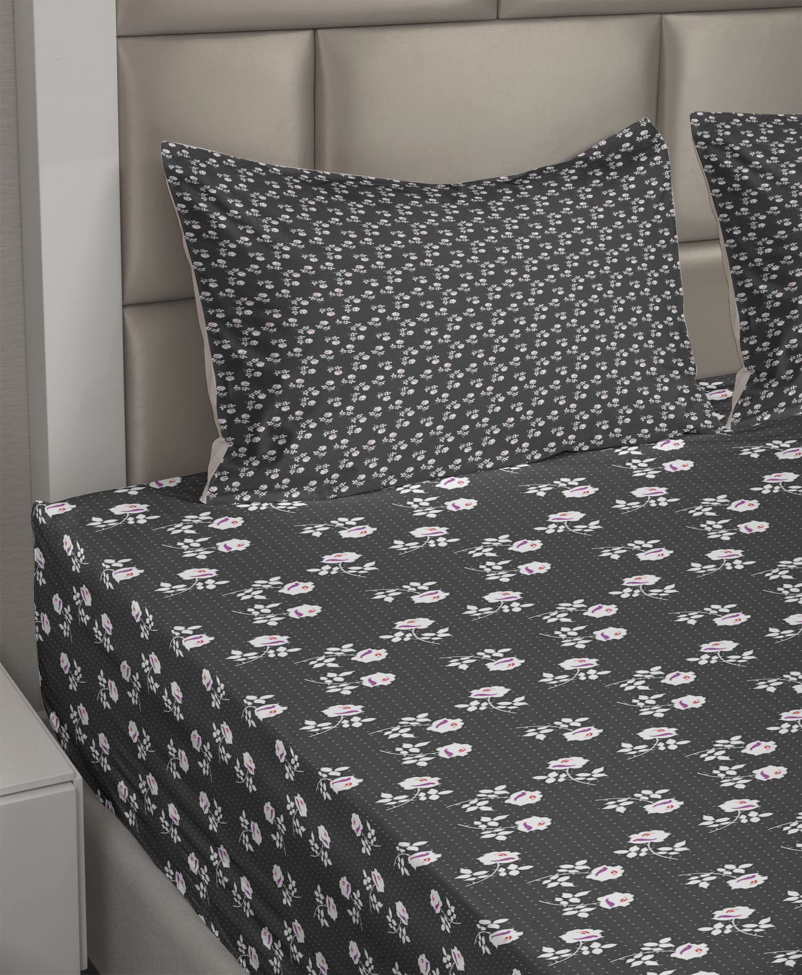 Ambesonne Floral King Sheet Set - 4 Piece Bedding with Flower Silhouettes & Mini Polka Dots Design, Includes Fitted Sheet, Flat Sheet & 2 Pillowcases, Dark Taupe Grey Fuchsia - Perfect for Master Bedroom, Guest Room & Cozy Home Decor