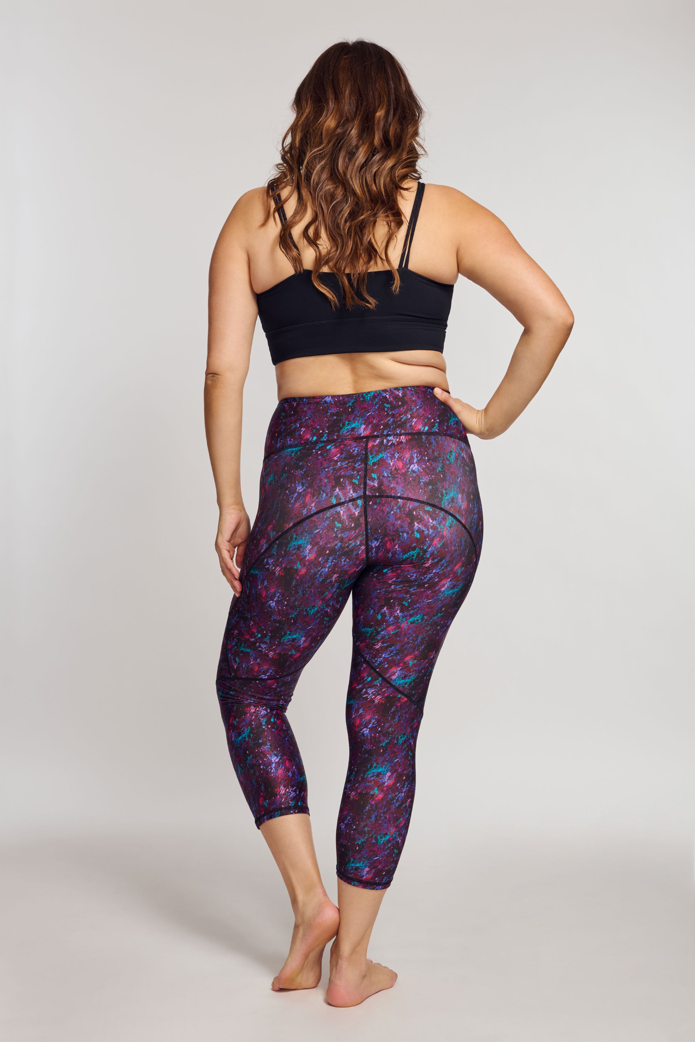 High Waisted Slimming Capri Leggings for Women - Moving Waters Berry Print - Tummy Control Workout Yoga Pants for Running, Gym & Lounge Wear
