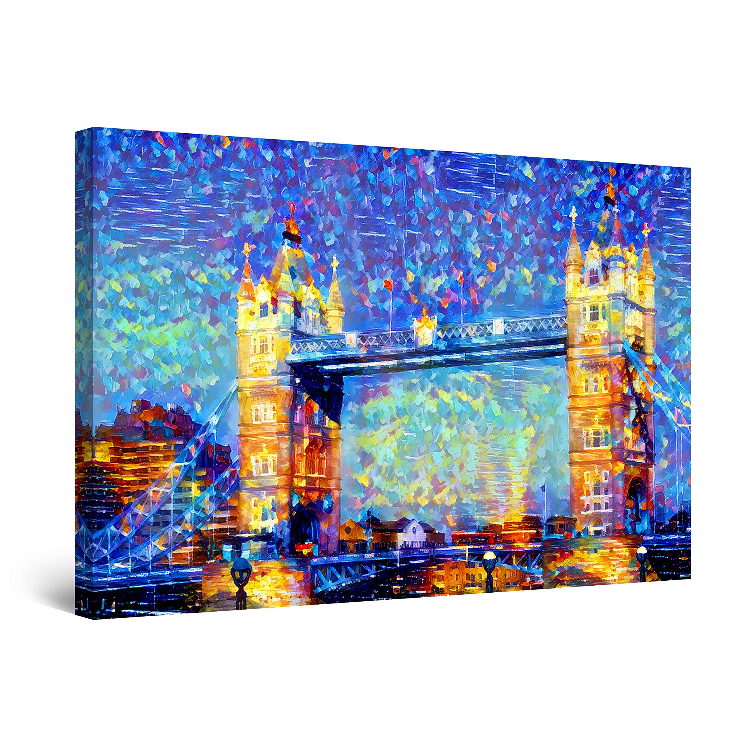 Abstract Blue London Bridge UK Canvas Wall Art - Framed Painting 24