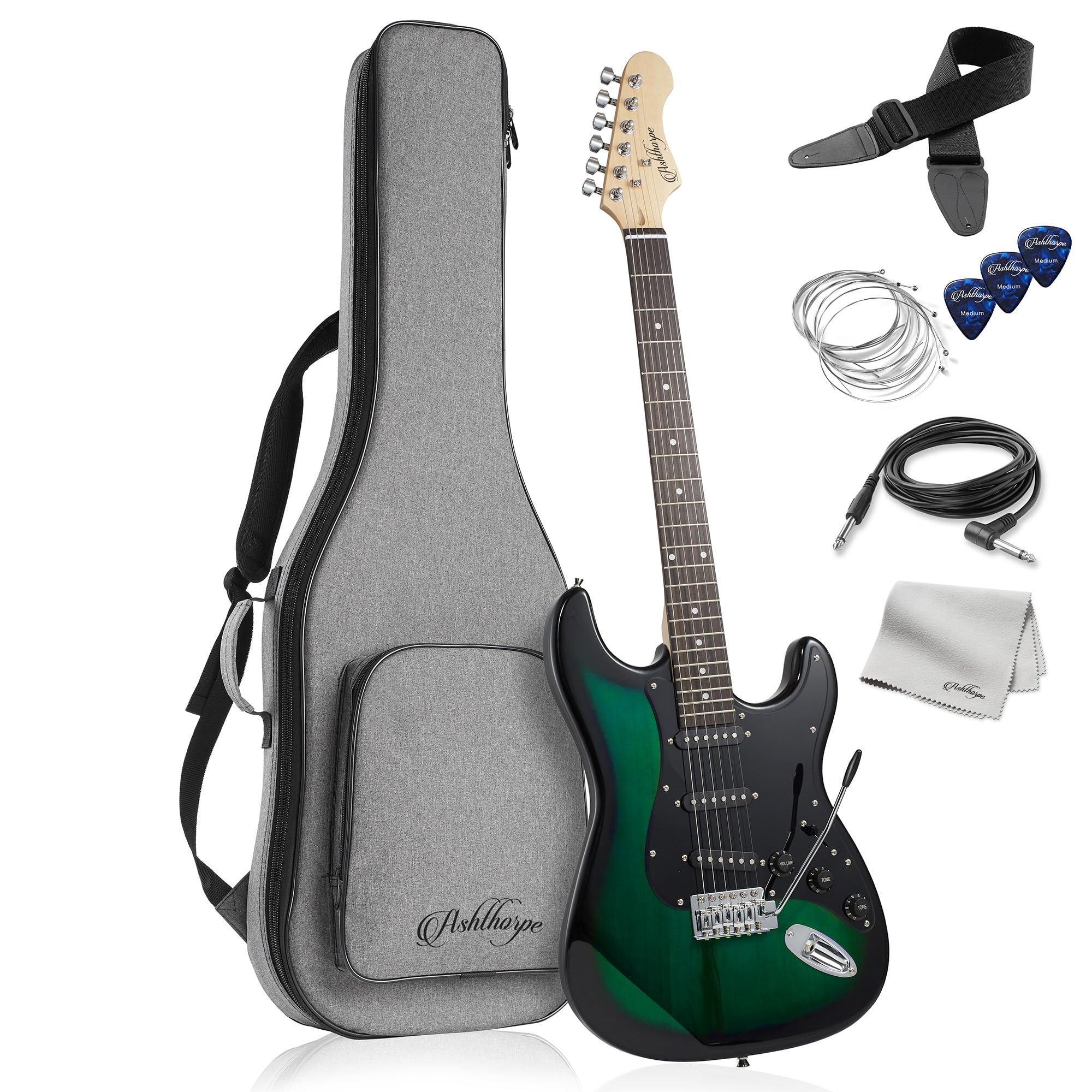 Ashthorpe 39-Inch Full Size Electric Guitar Kit (Green-Black) with Gig Bag, Tremolo Bar, Strap, Strings & Accessories - Perfect for Beginners, Practice & Live Performances