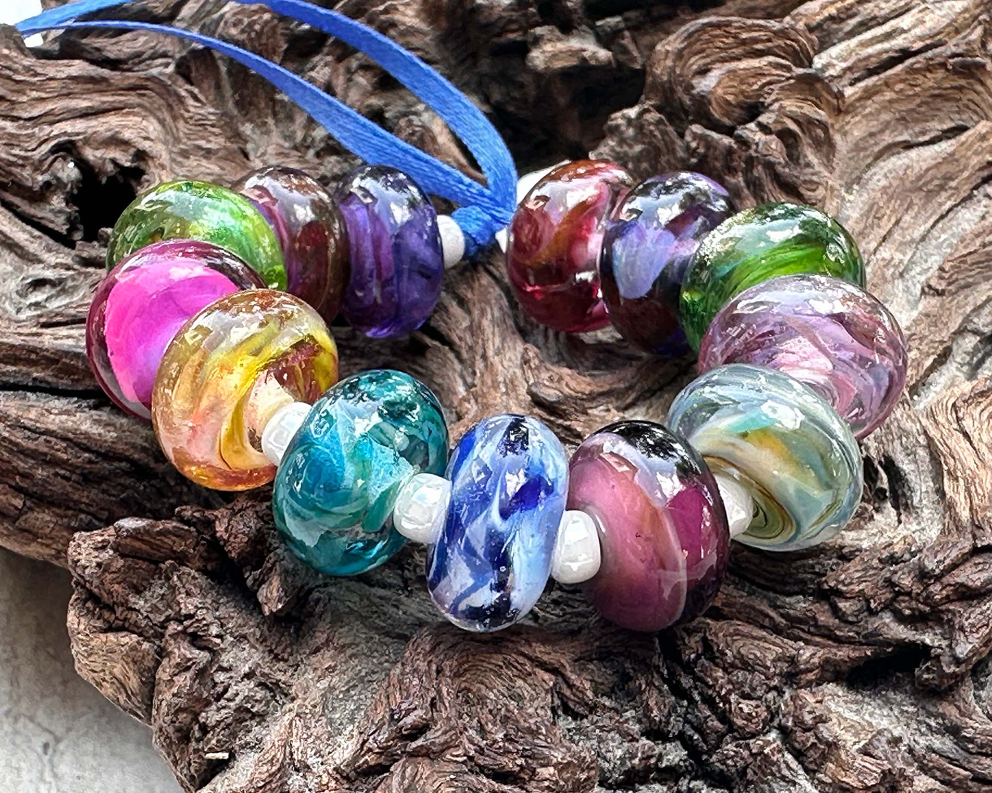 14 Colorful Swirls Lampwork Glass Beads Set for Jewelry Making - DIY Bracelet, Necklace & Craft Projects - SRA Certified Artisan Beads