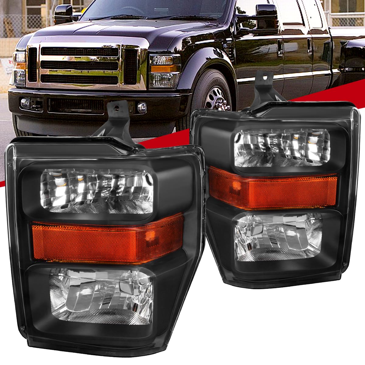 Ford F250 F350 F450 Pickup Truck Headlights (2008-2010) - Black Replacement Headlight Assembly Pair (Left + Right) - Perfect for Off-Roading & Night Driving
