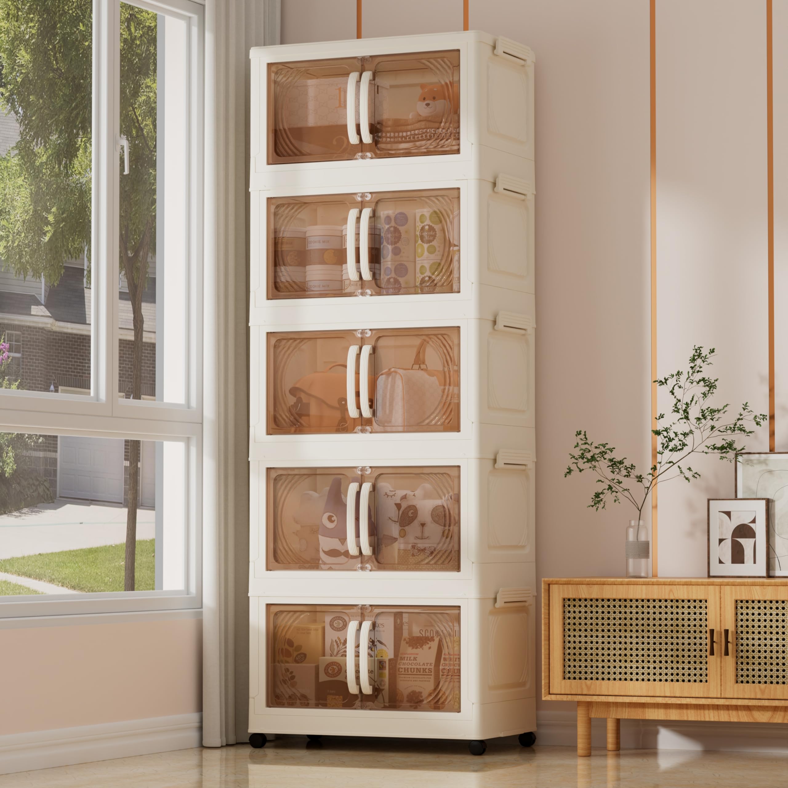 Karramlili 160 Qt Stackable Storage Bins - 5-Tier Plastic Storage Cabinet with Magnetic Doors & Wheels (17.7