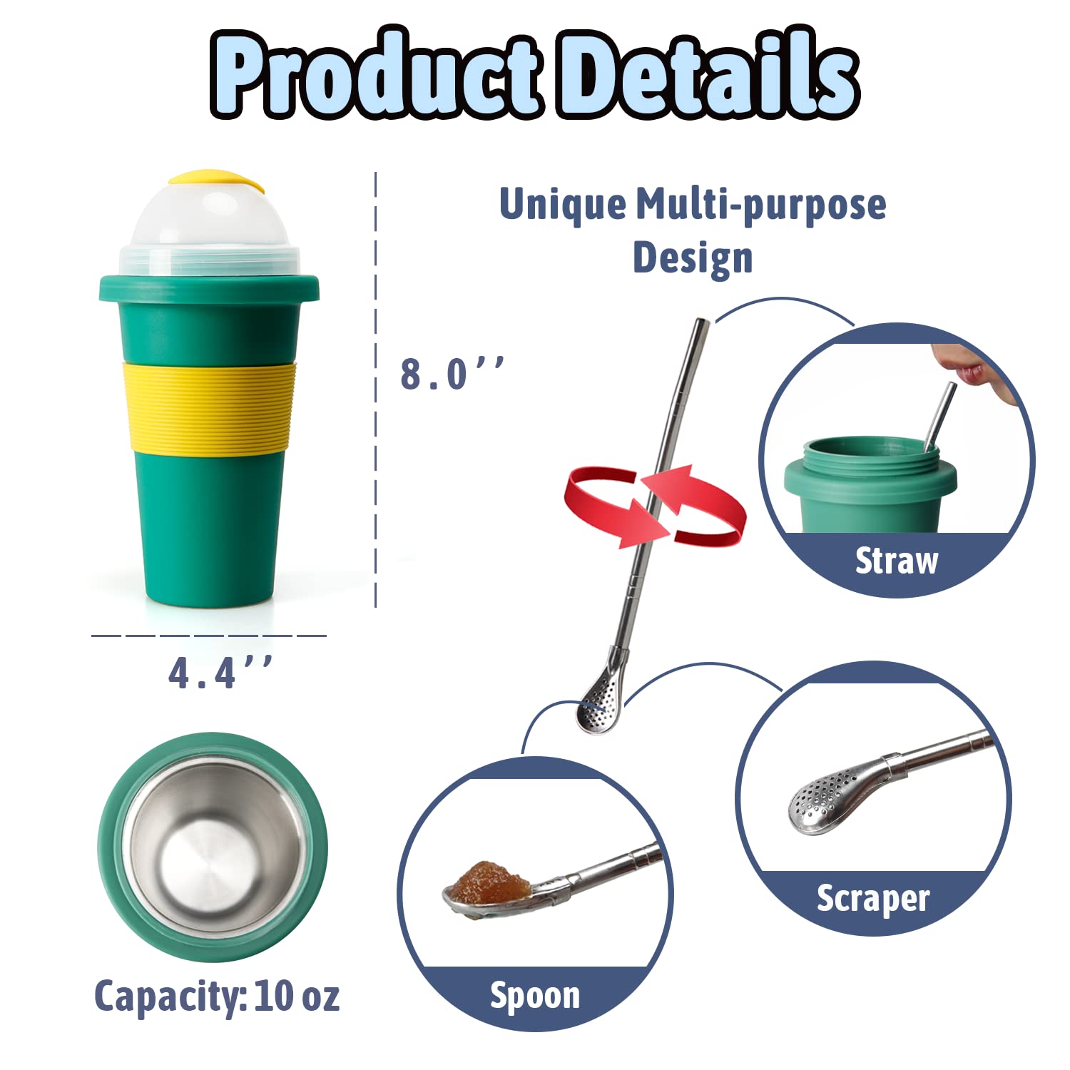 10 oz Green Slushy Maker Cup - Compact Stainless Steel Ice Cream Maker for Single-Serving Slushies, Smoothies & Milkshakes with Spoon Straw | Perfect for Summer Parties, Kids Treats & DIY Frozen Drinks at Home